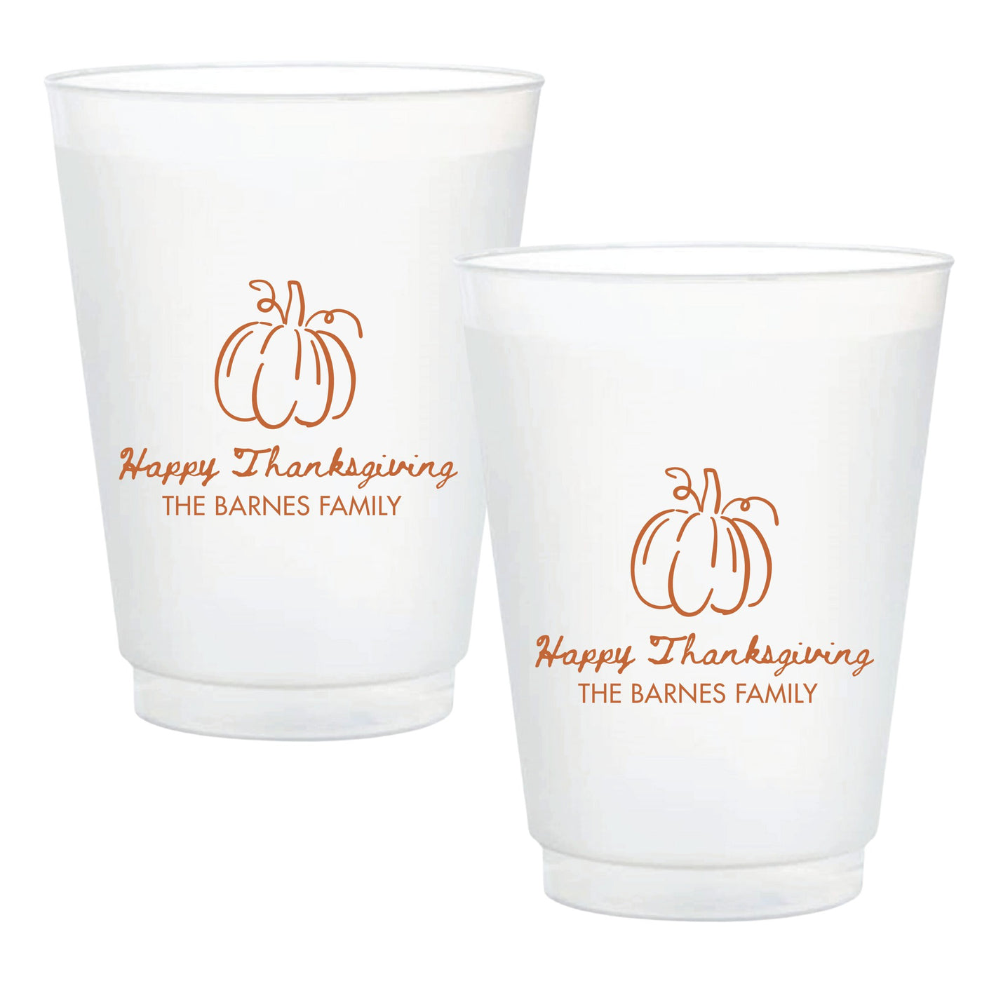 Two frosted plastic party cups, each featuring an orange pumpkin outline and festive fall script, suitable for a Thanksgiving gathering.