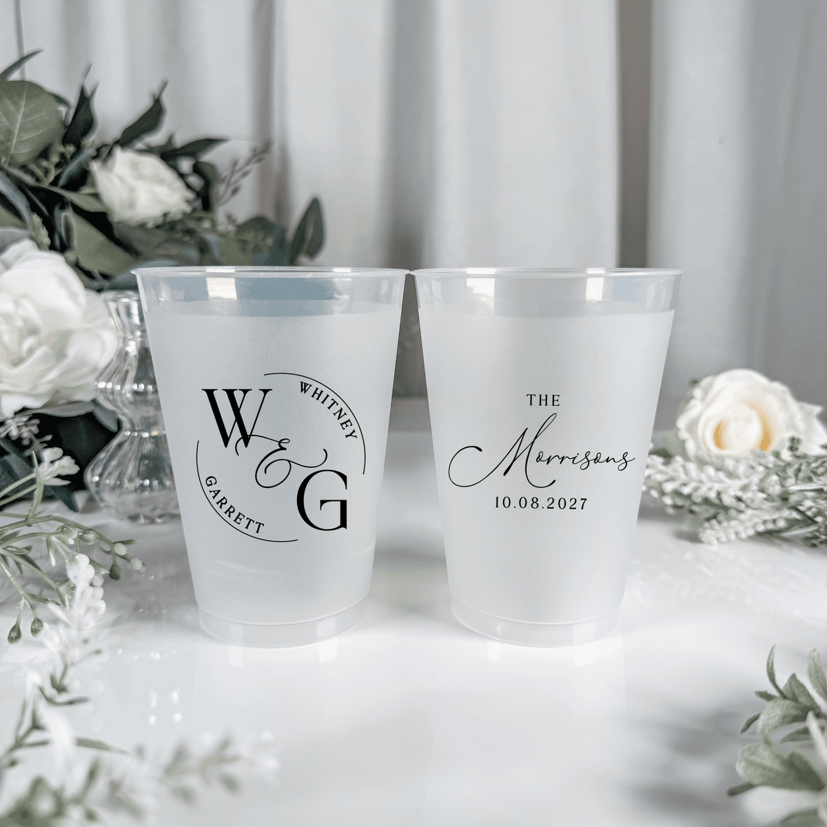 Black ink frosted shatterproof wedding cups with W & G circle monogram and The Morrisons script with wedding date