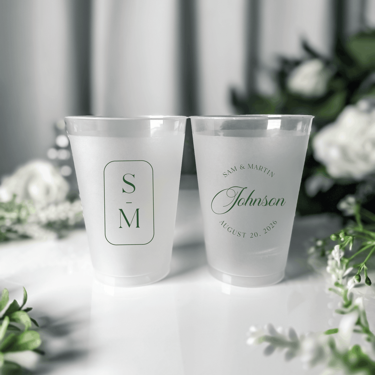 Sage green ink frosted shatterproof wedding cups with S M framed monogram and Sam & Martin Johnson wedding date