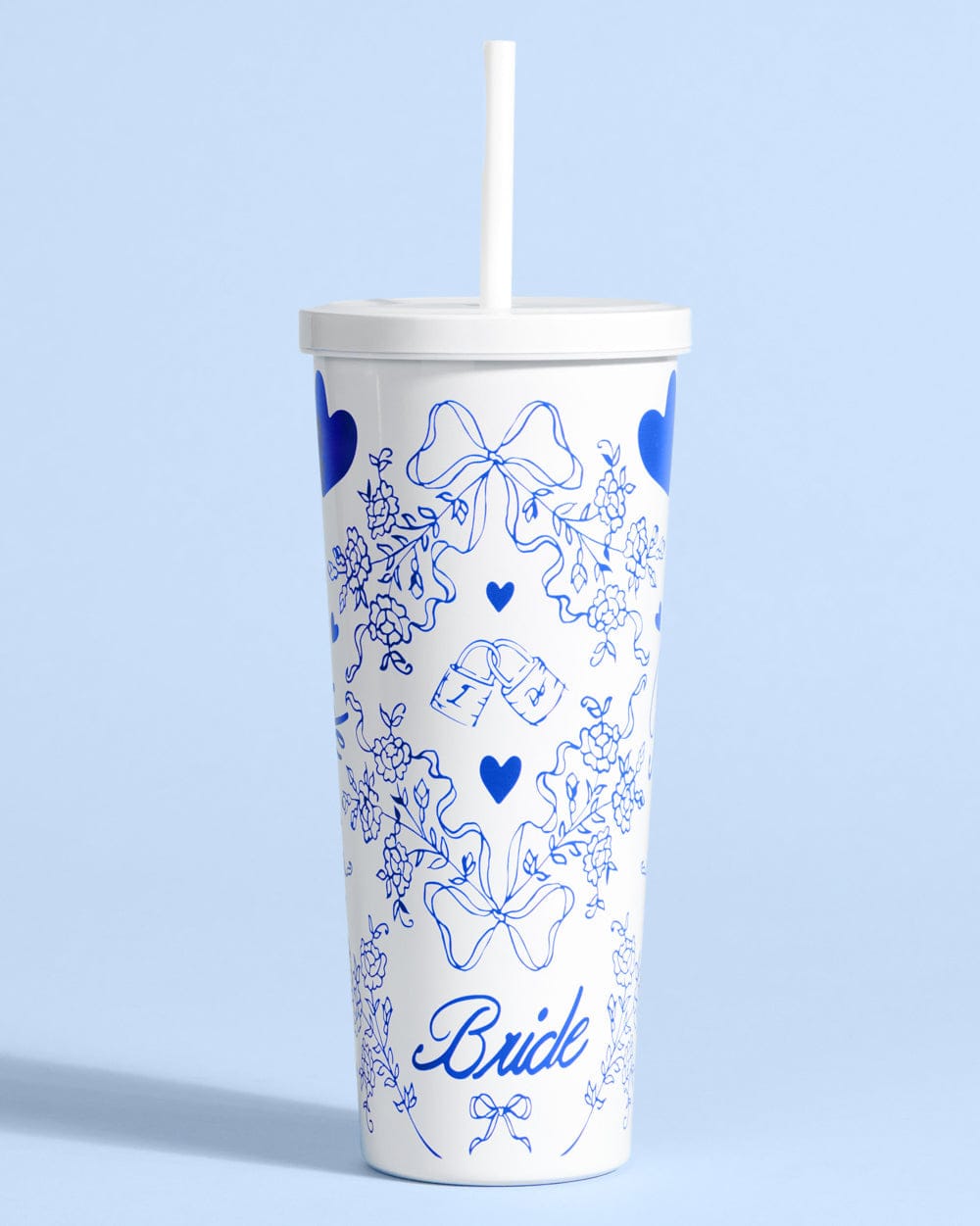 White 24 oz tumbler with blue floral design, hearts, and "Bride" text, featuring white lid and straw.
