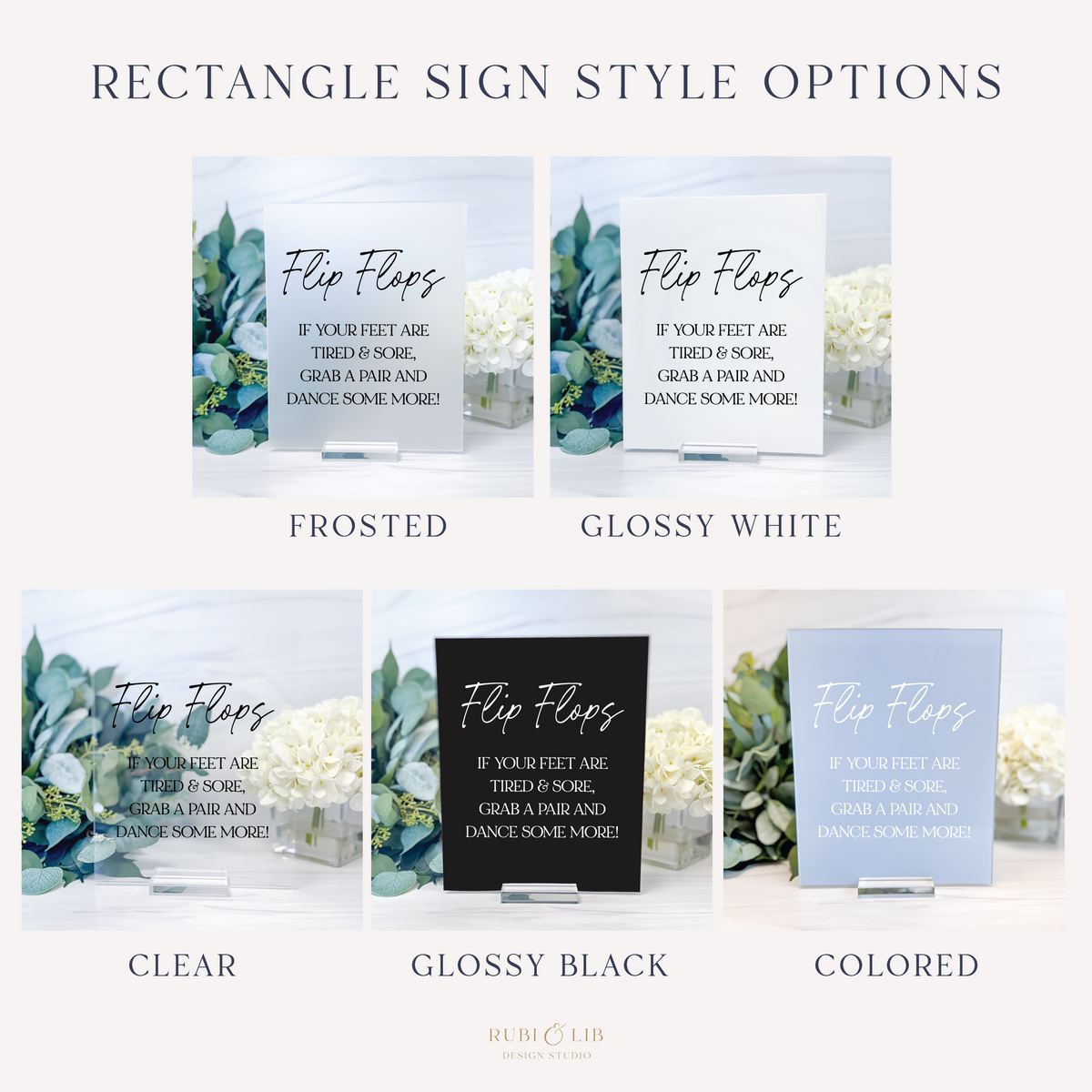 Rectangular wedding dancing shoes sign style chart featuring five acrylic finishes including frosted, glossy white, clear, black, and colored.