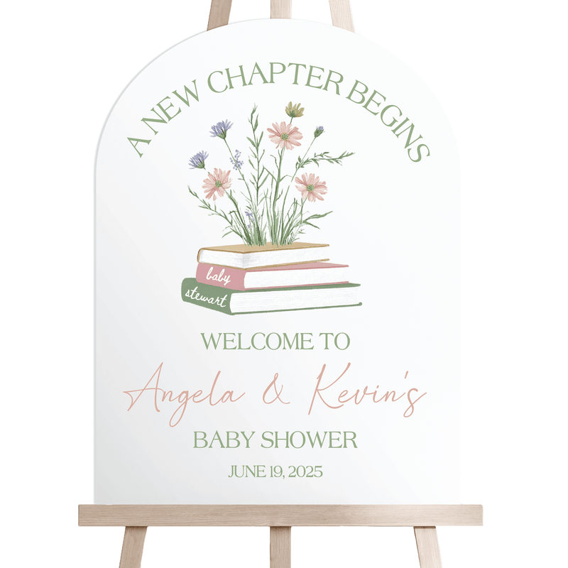 Baby shower welcome sign with full color book and floral design and personalized names
