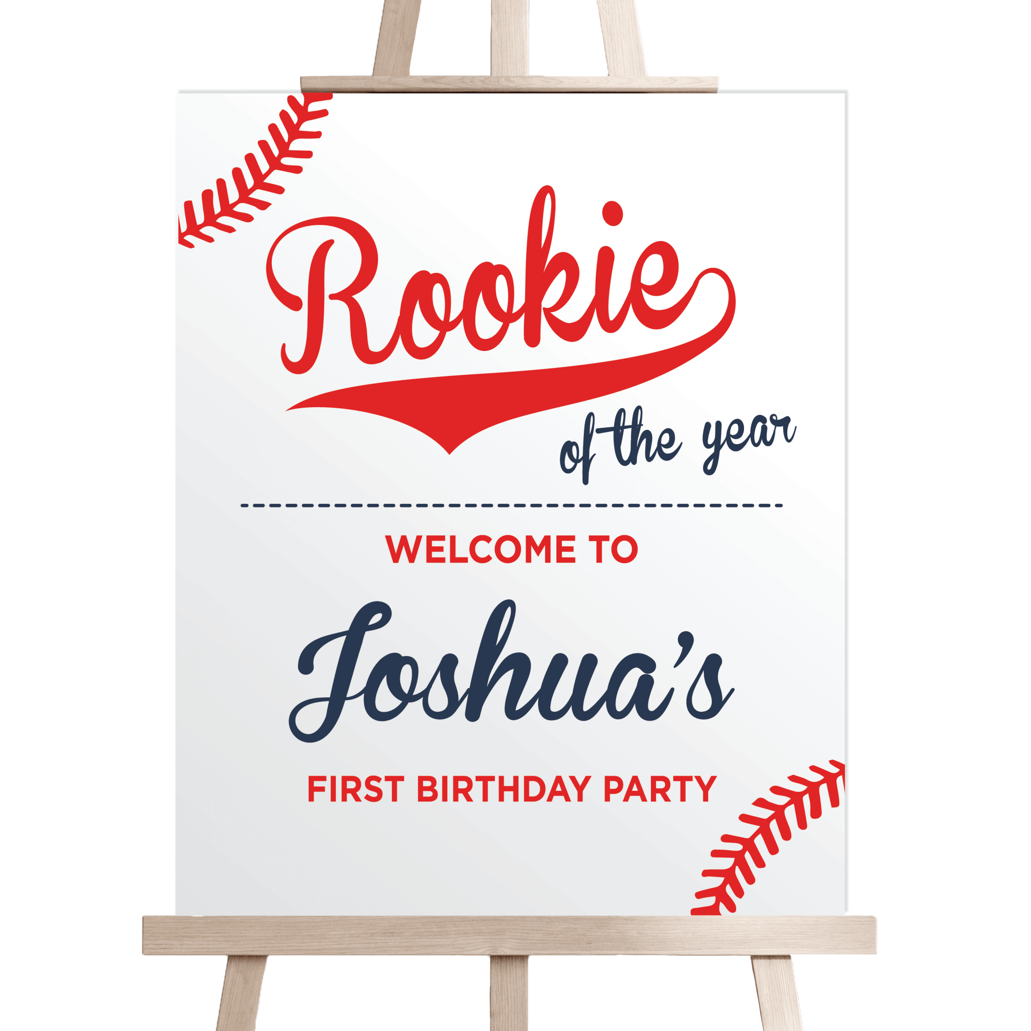 White welcome sign with red "Rookie of the year" text and personalized navy name, mounted on wooden easel with baseball leaf details.
