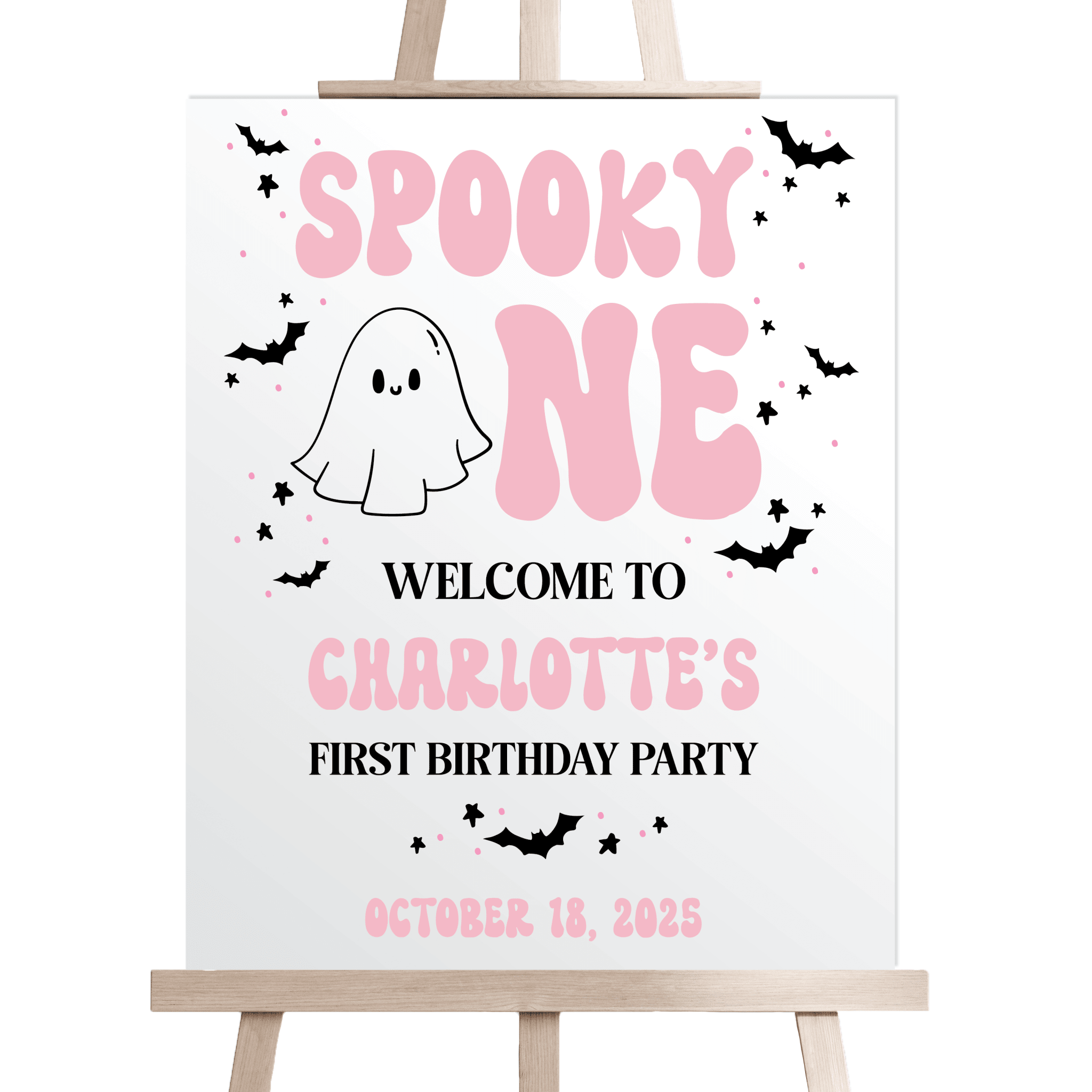 Spooky One pink and white birthday welcome sign with ghost illustration, bats, and personalized text for Charlotte's first birthday party on October 18, 2025.