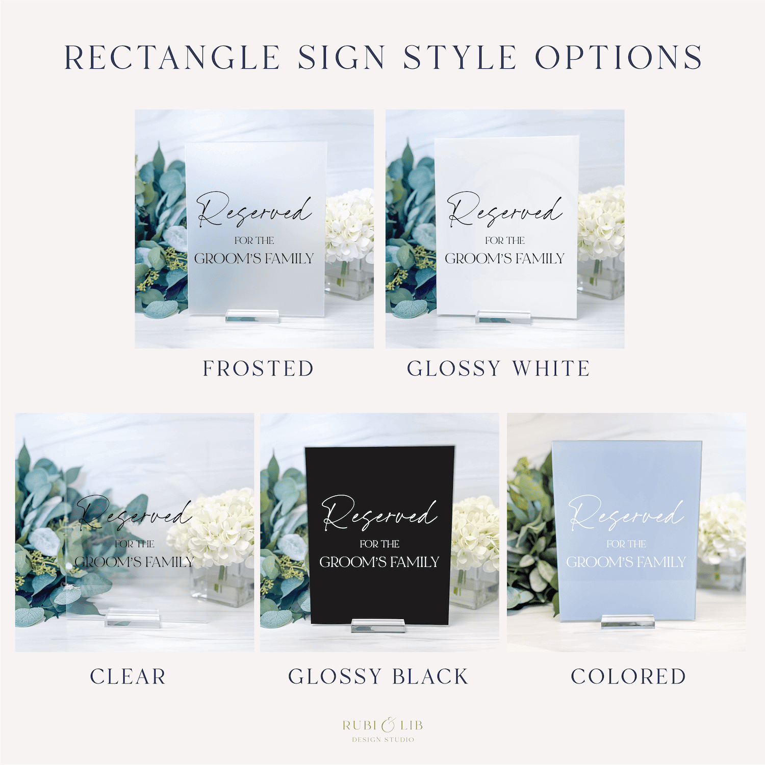 Five acrylic reserved sign style options in frosted, glossy white, clear, glossy black, and colored finishes with eucalyptus design.