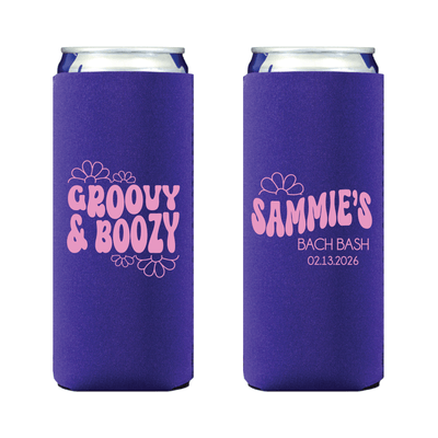 Groovy And Boozy Personalized Bachelorette Slim Can Coolers