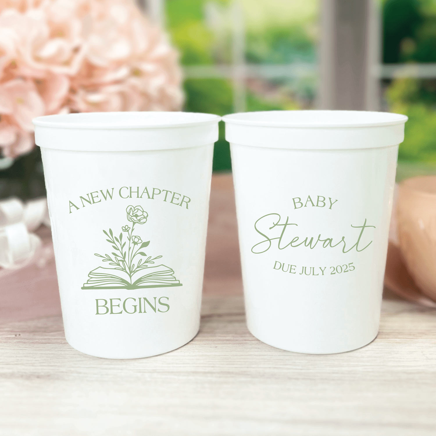Baby shower stadium cup with floral book design and custom name
