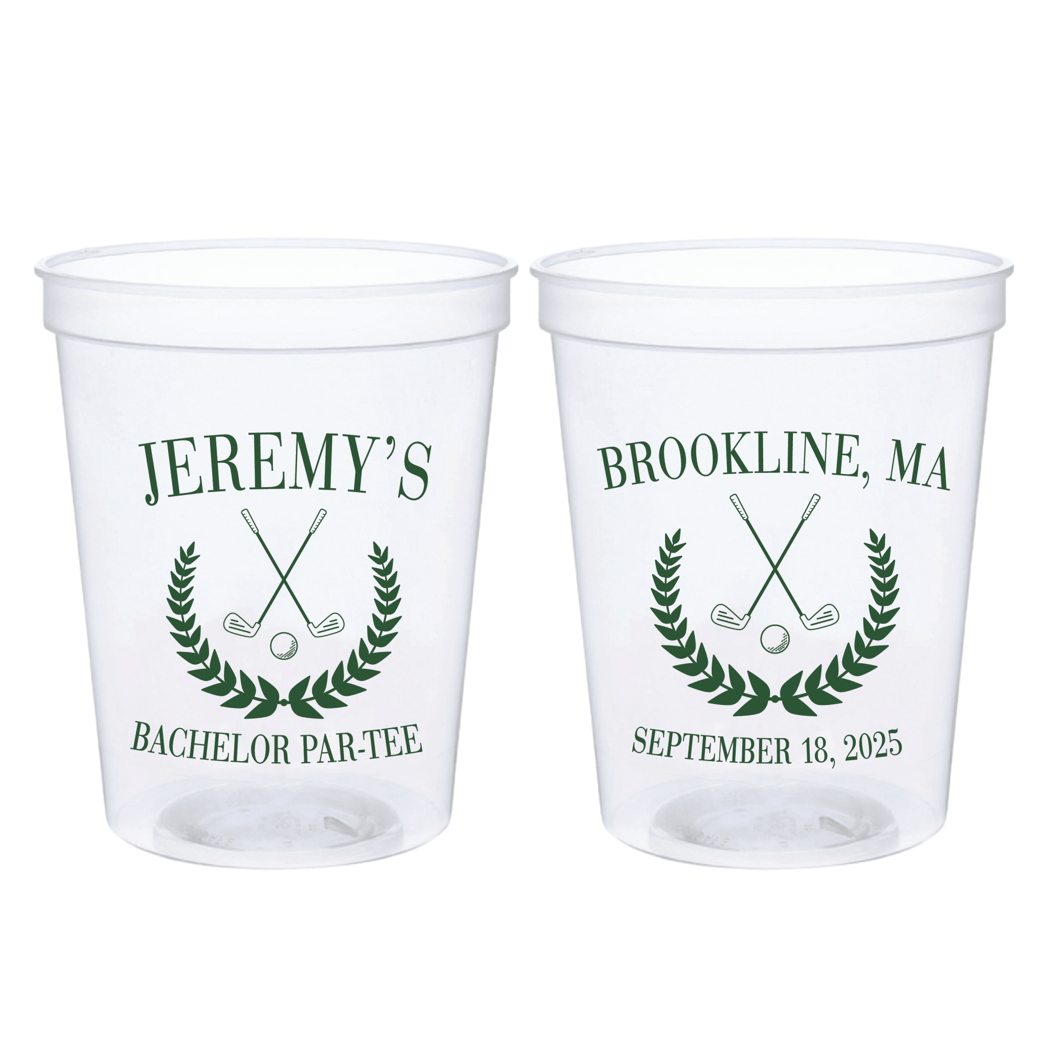 Clear stadium cups with golf-themed design featuring crossed clubs, green laurel wreath, and personalized text for Jeremy's Bachelor Par-Tee in Brookline, MA with date September 18, 2025.