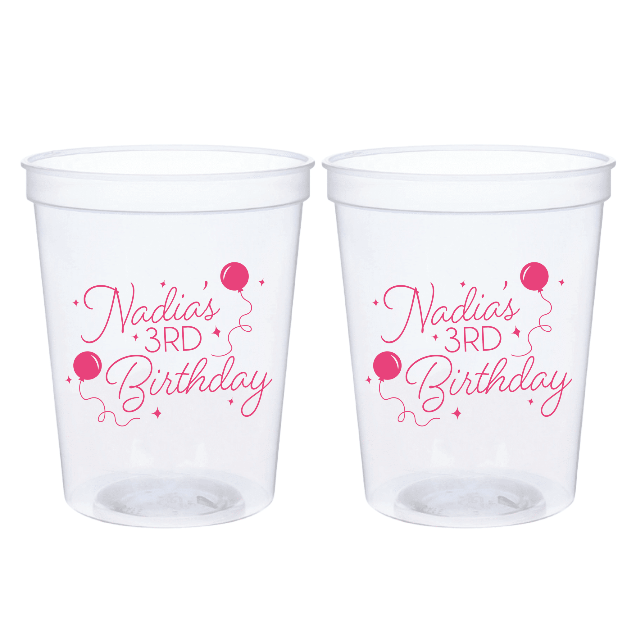Two clear stadium cups with pink "Nadia's 3rd Birthday" text and balloon designs