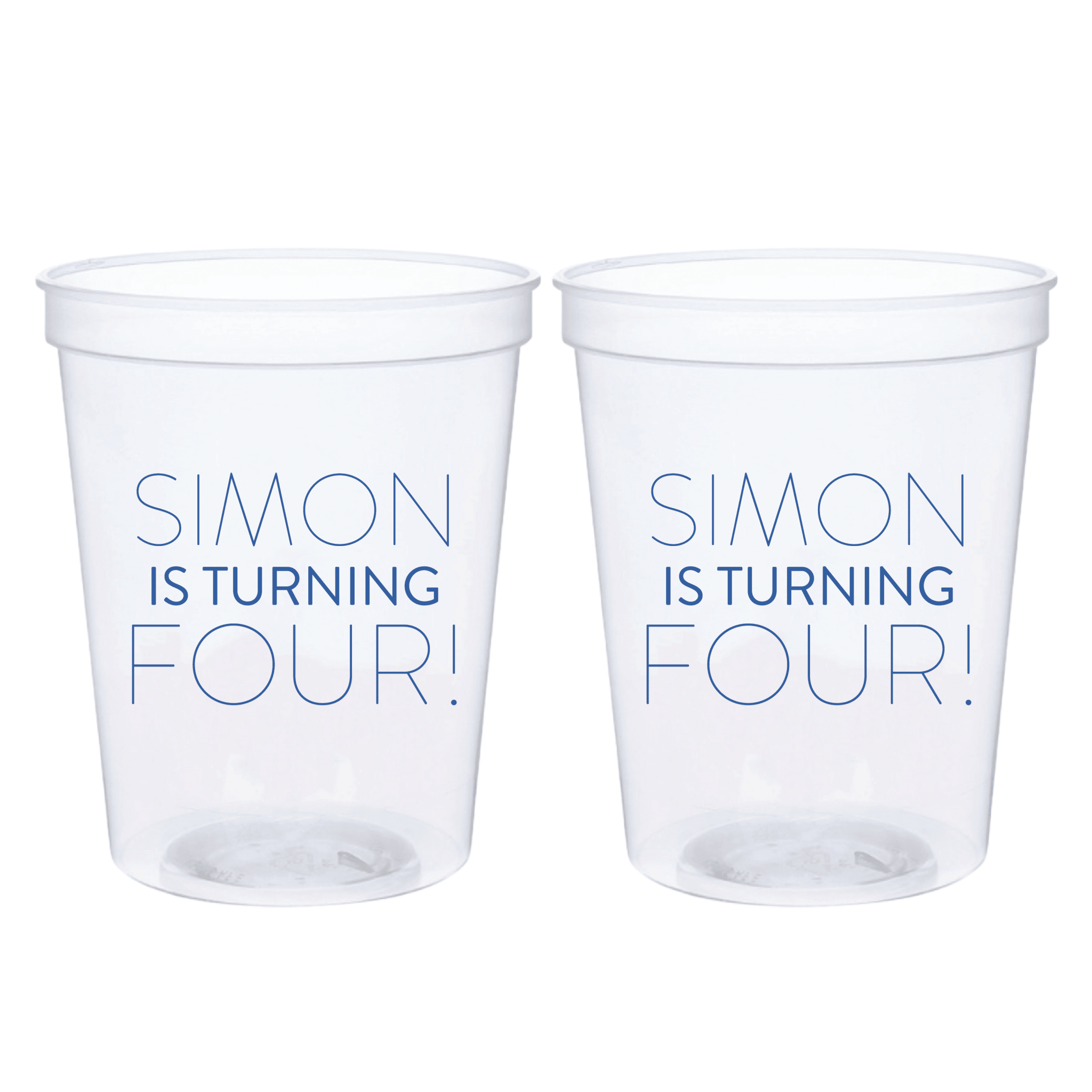 Two clear stadium cups printed with "SIMON IS TURNING FOUR!" in blue text