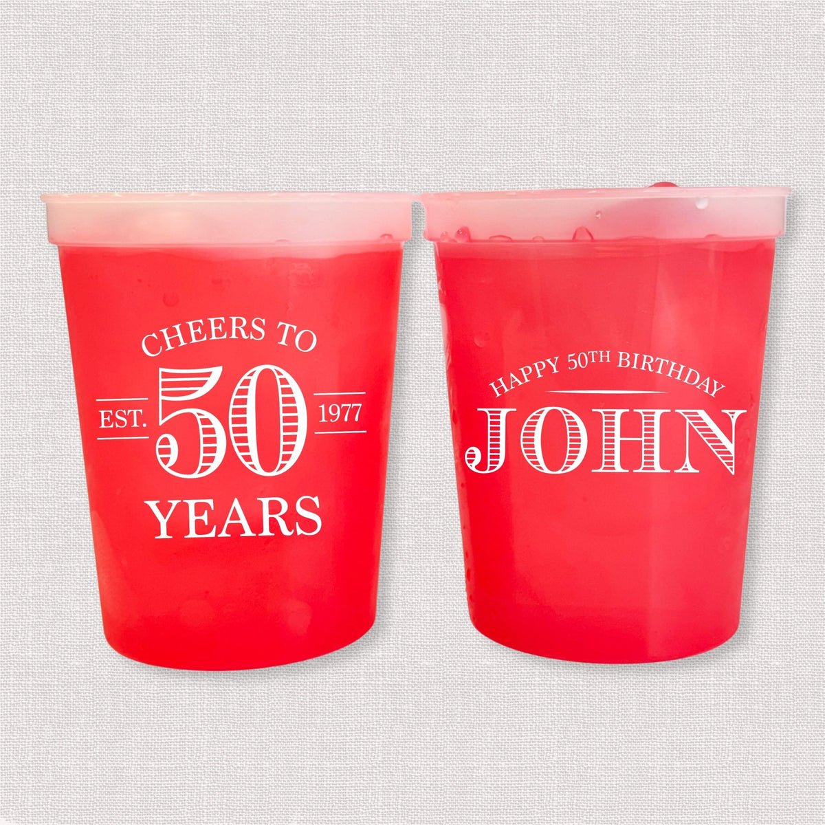 Red color changing birthday stadium cups with vintage Cheers to 50 Years design and Happy 50th Birthday name