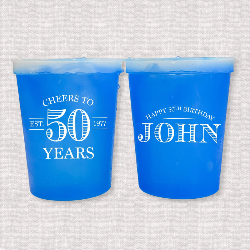 Blue color changing birthday stadium cups with vintage Cheers to 50 Years design and Happy 50th Birthday name