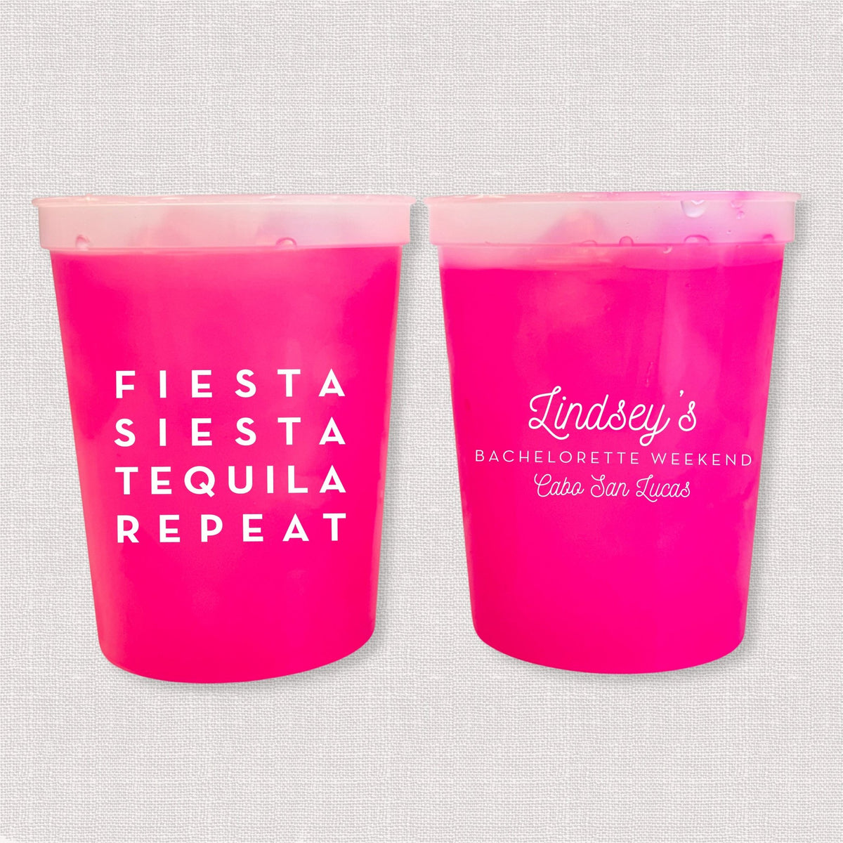 Magenta color changing bachelorette stadium cups with Fiesta Siesta Tequila Repeat and Lindsey's bachelorette weekend