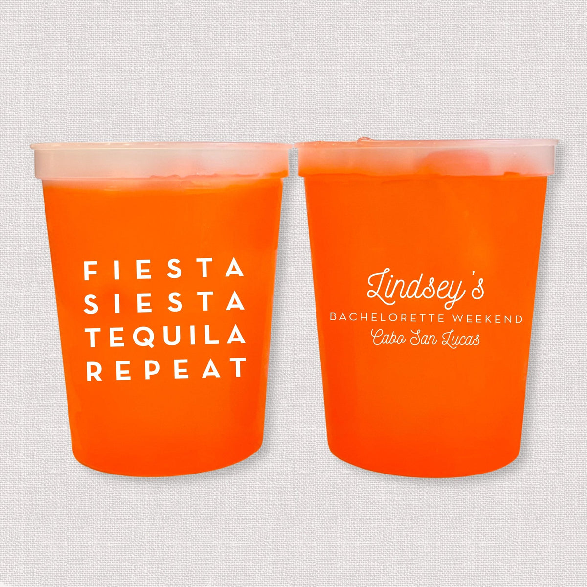 Orange color changing bachelorette stadium cups with Fiesta Siesta Tequila Repeat and Lindsey's bachelorette weekend