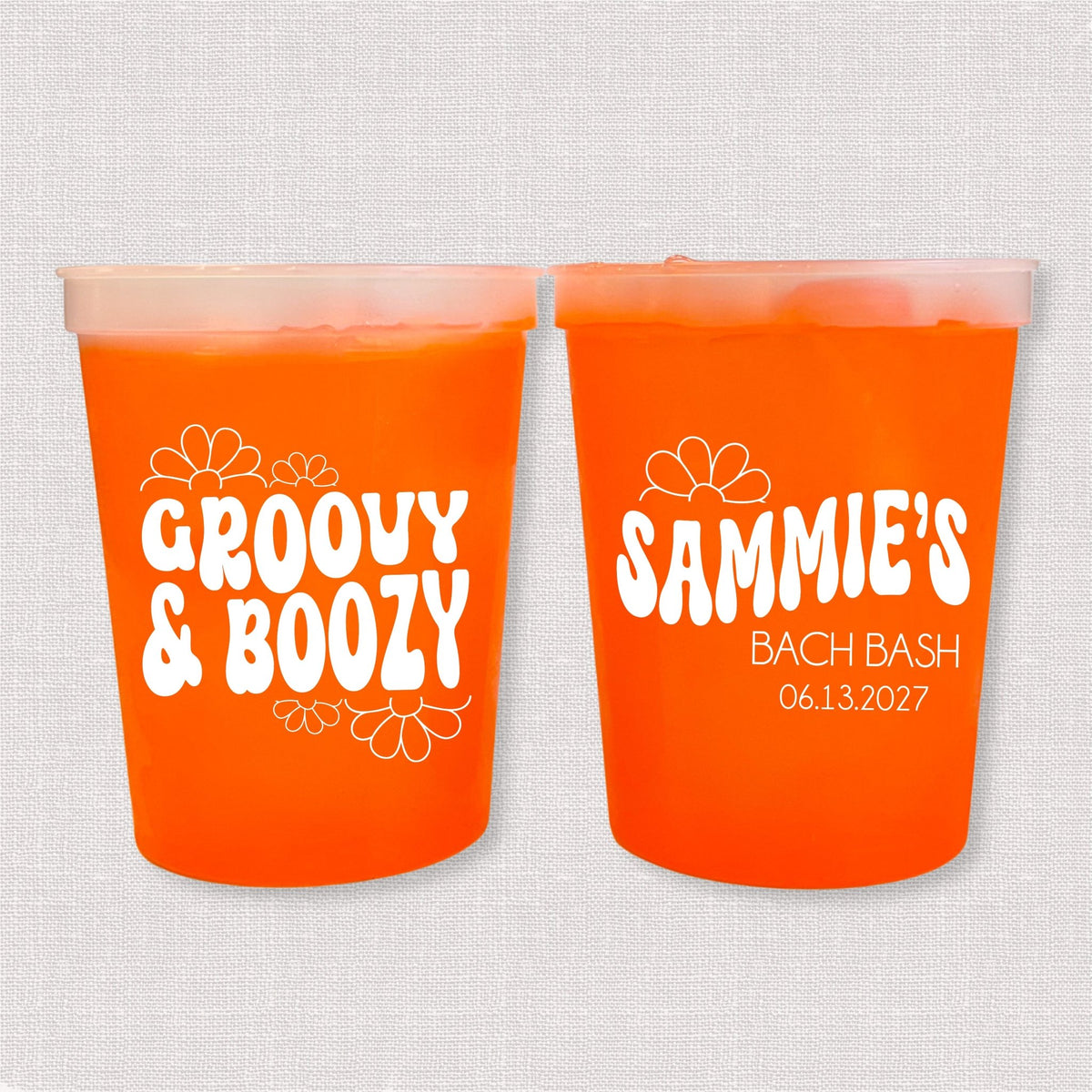 Orange color changing bachelorette stadium cups with Groovy & Boozy retro design and Sammie's Bach Bash