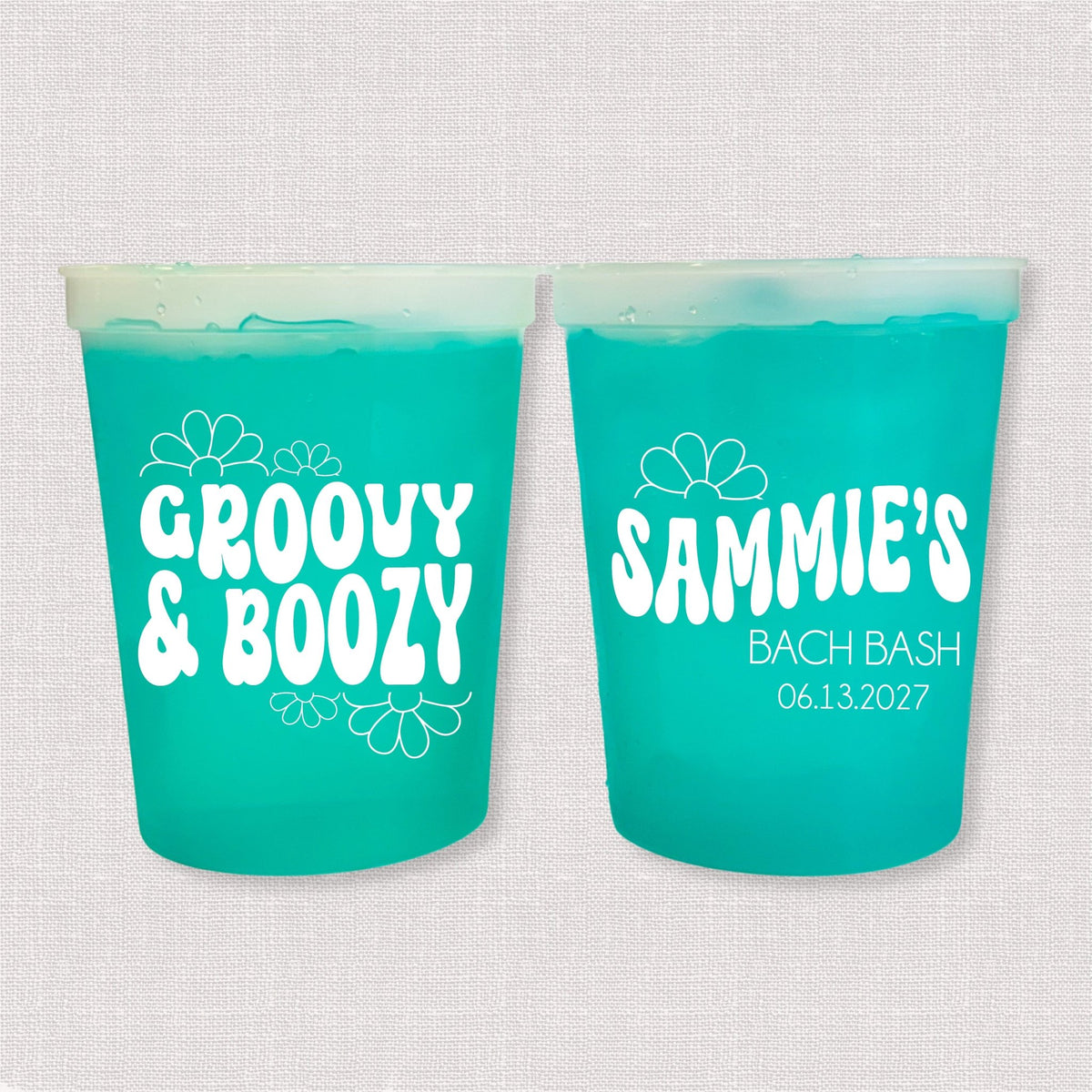 Teal color changing bachelorette stadium cups with Groovy & Boozy retro design and Sammie's Bach Bash