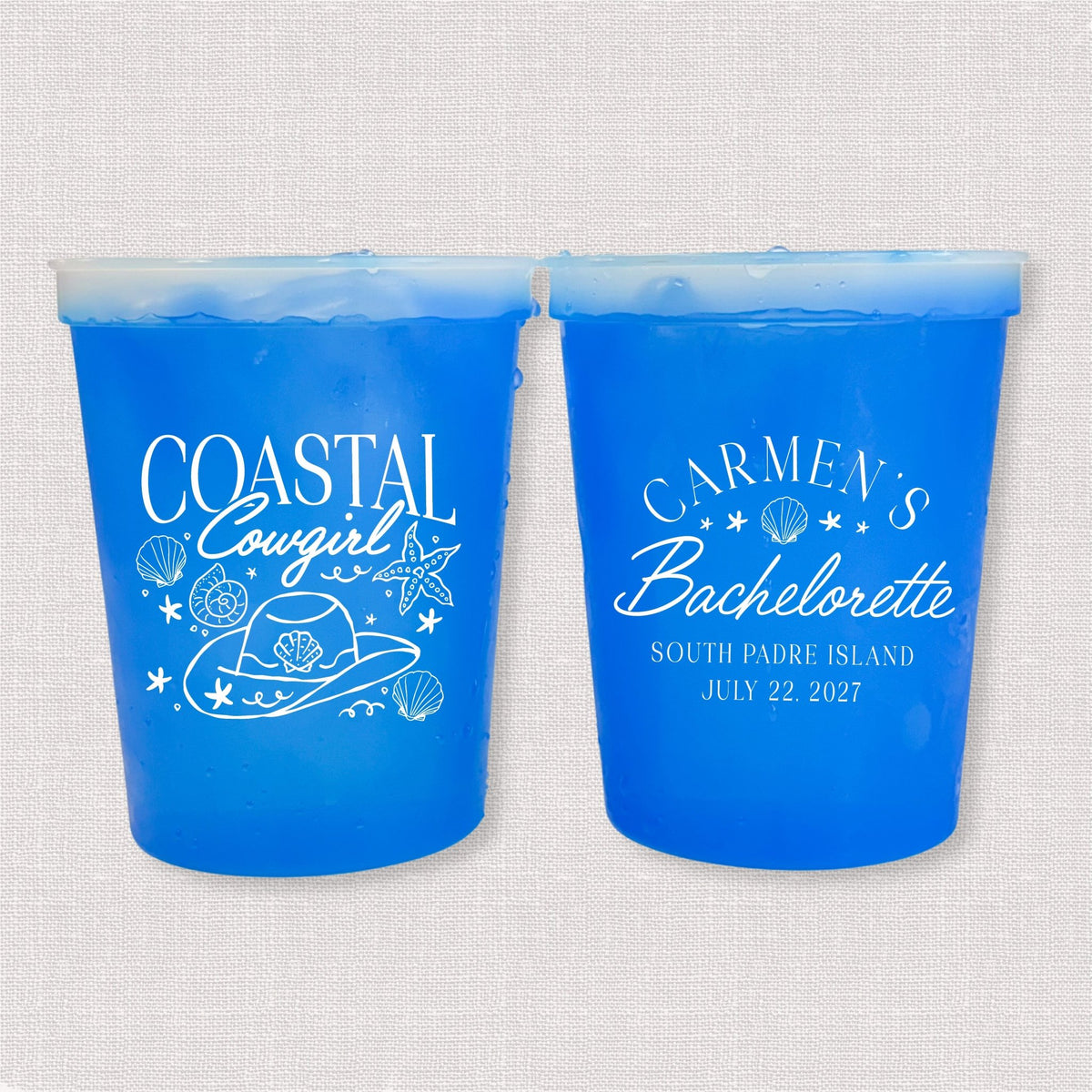 Blue color changing bachelorette stadium cups with Coastal Cowgirl hat and seashells and Carmen's Bachelorette