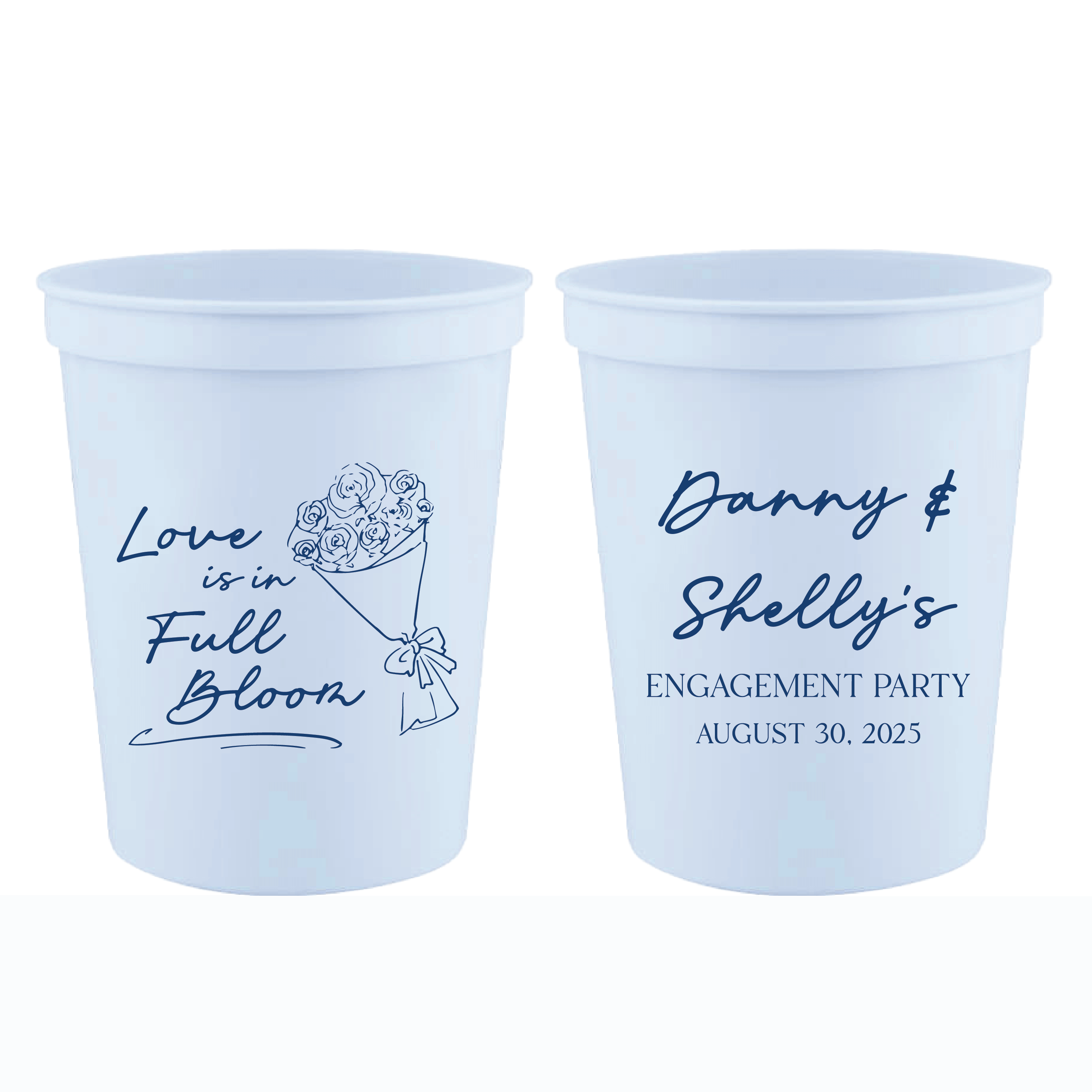 Light blue frosted stadium cups with personalized engagement text and floral bouquet design, one reading "Love is in Full Bloom" and the other "Danny & Shelly's Engagement Party August 30, 2025"