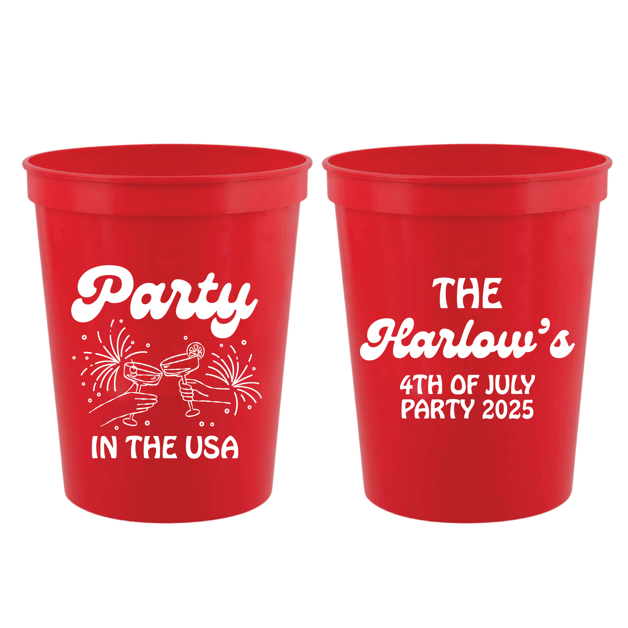 Red stadium cups with "Party in the USA" and fireworks design on front, personalized "The Garlows 4th of July Party 2025" text on back