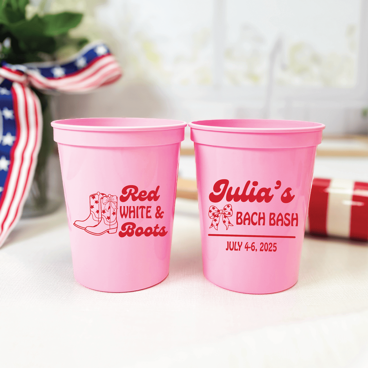 Red White & Boots Personalized Bachelorette Stadium Cups