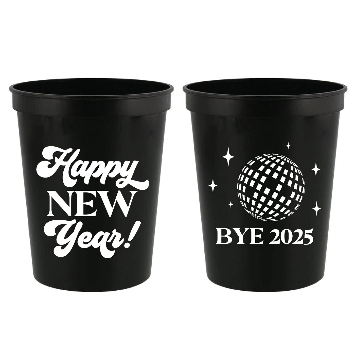 Two black plastic party cups for a New Year's Eve celebration, with one featuring white script text and the other a white disco ball graphic with stars.