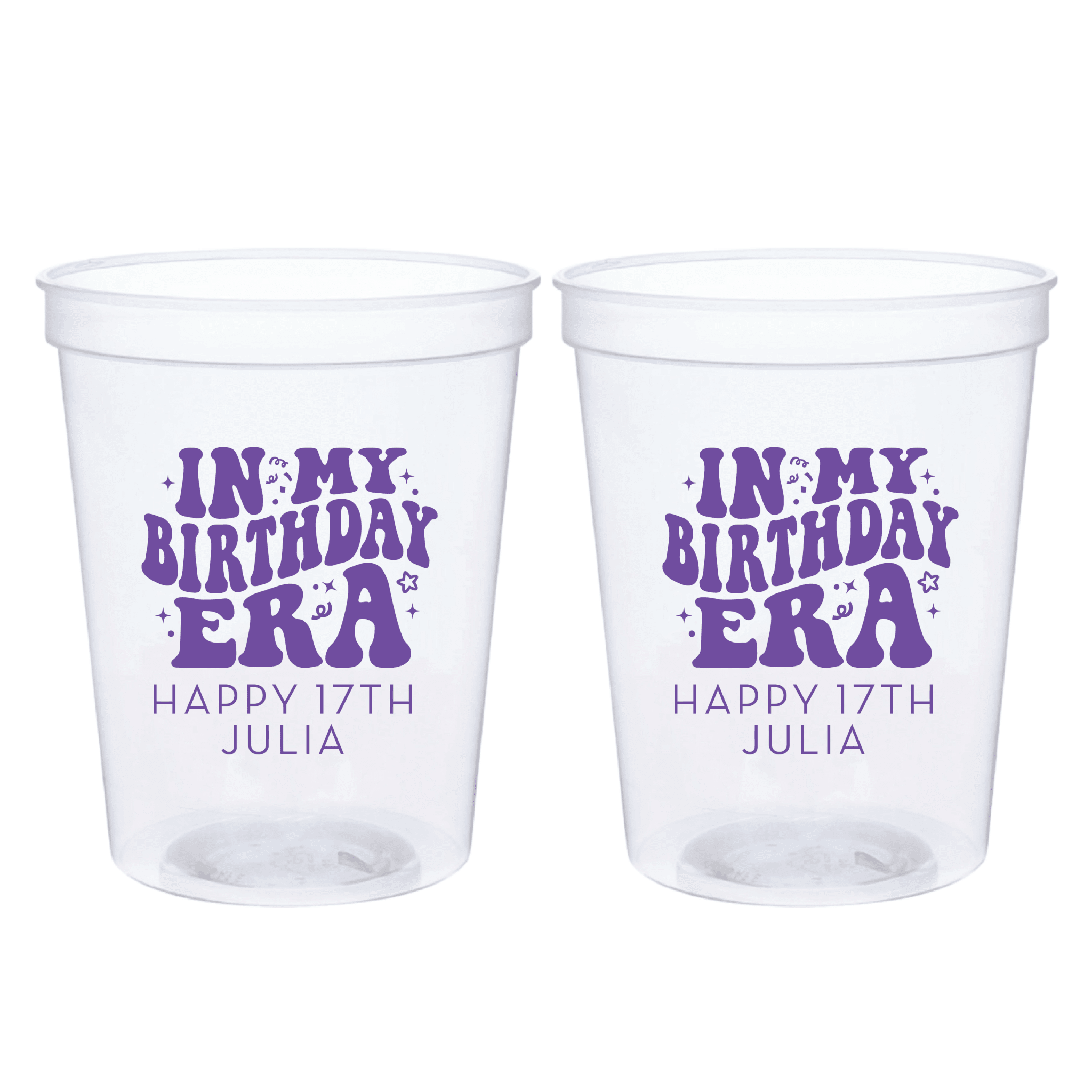 Two clear stadium cups with purple text reading "In My Birthday Era" and "Happy 17th Julia"