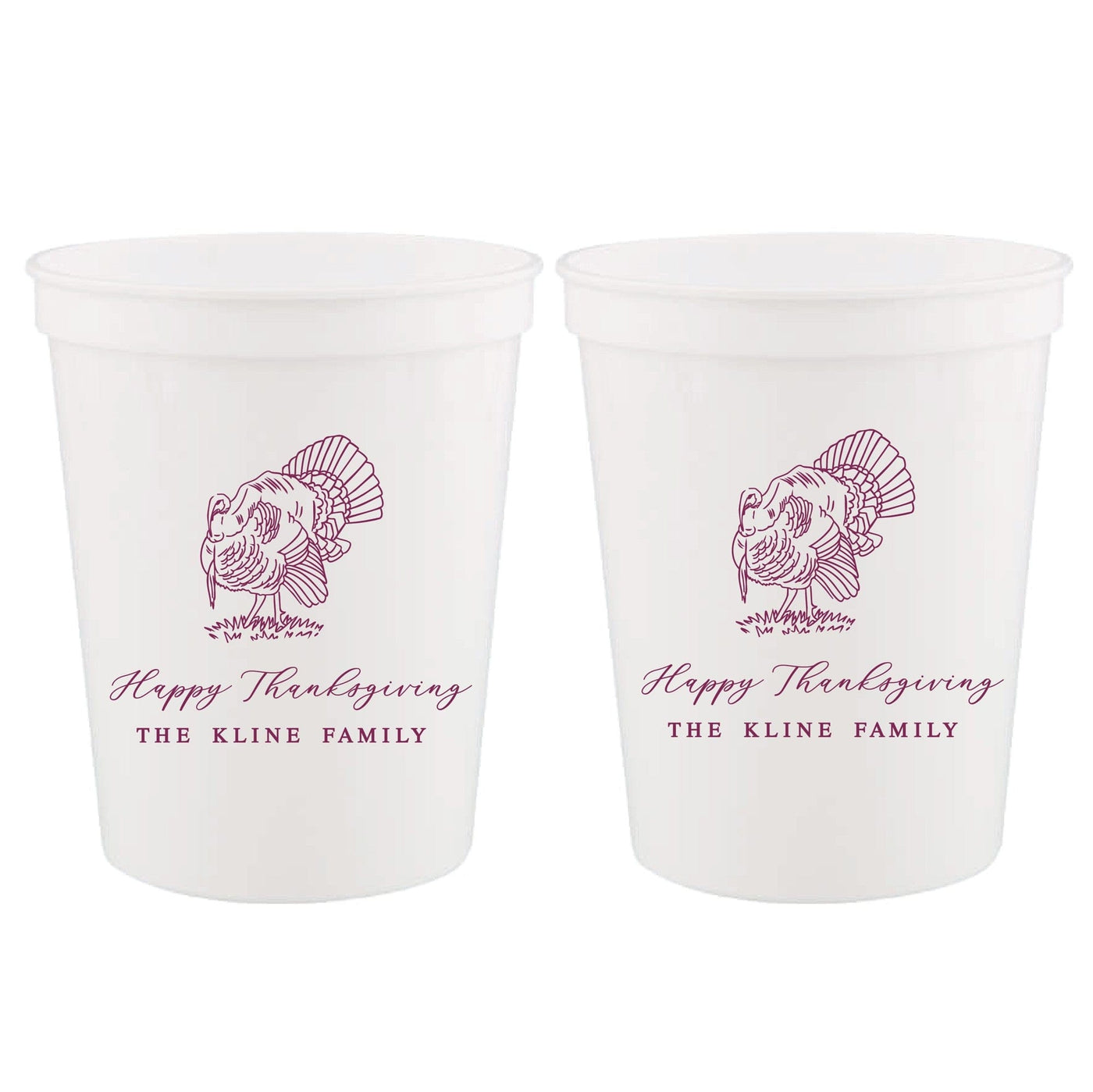 Two white plastic stadium cups, each featuring a festive purple outline turkey graphic, ideal for a Thanksgiving event.