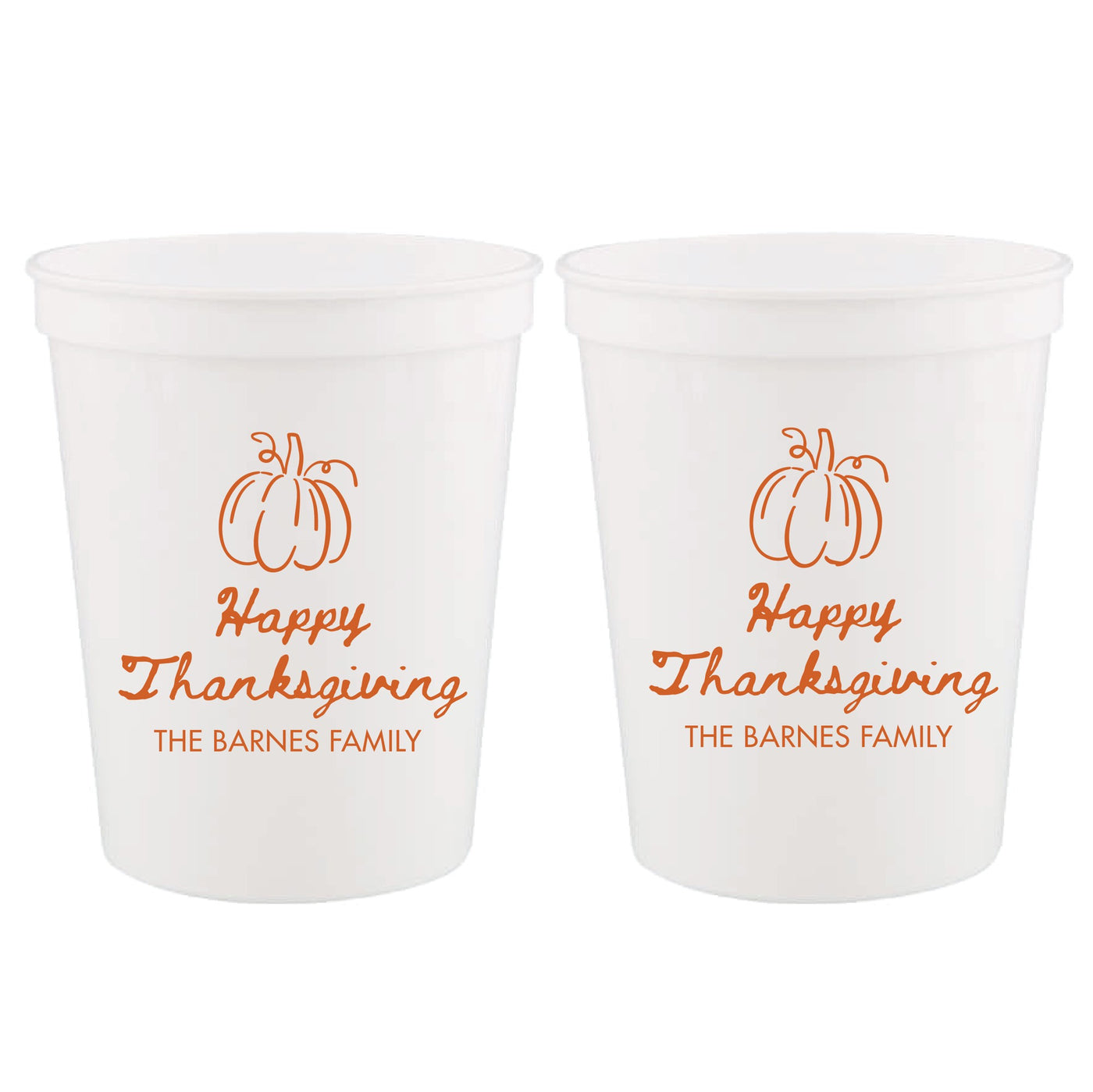 Two frosted white reusable plastic cups feature an orange pumpkin design, ideal for a Thanksgiving event or fall celebration.