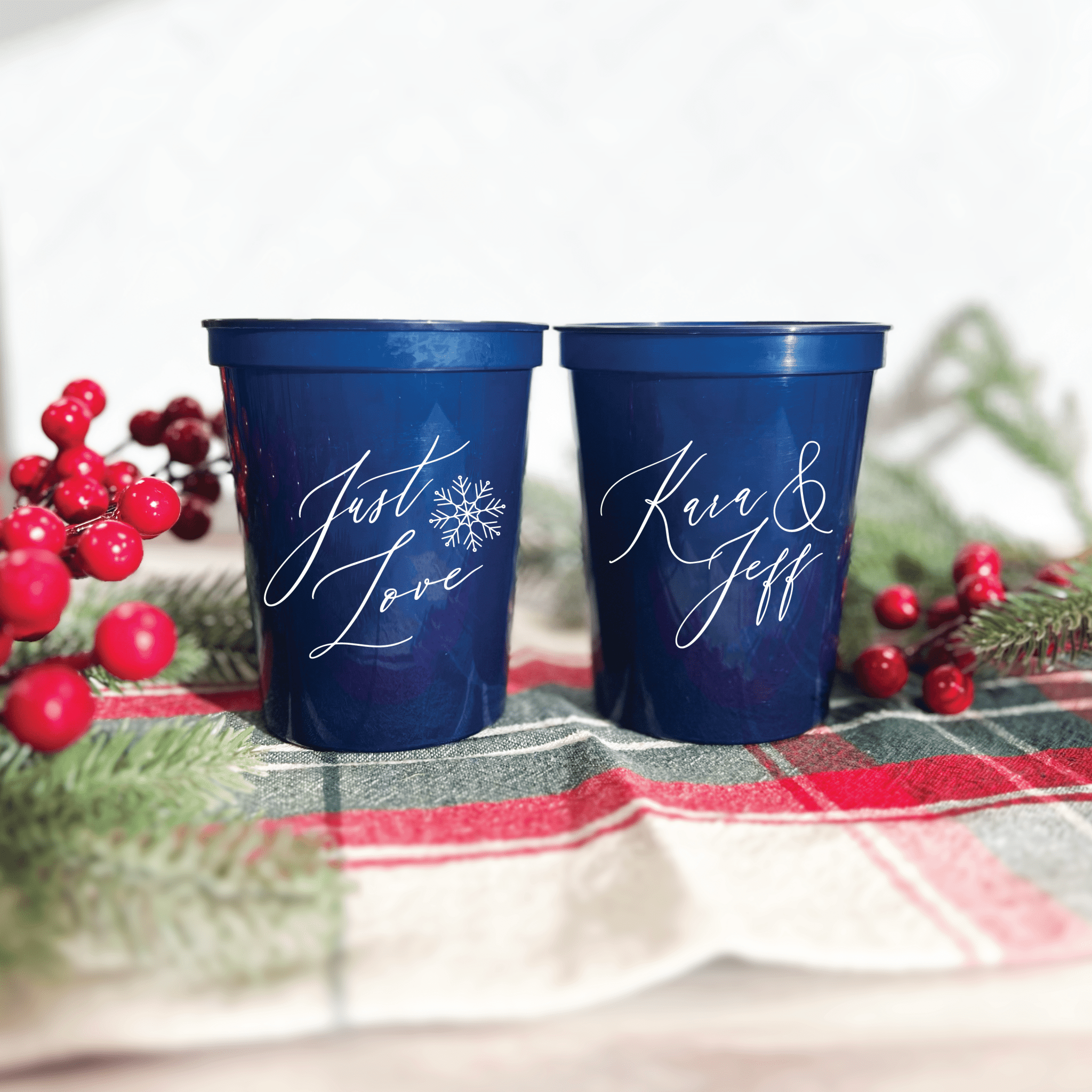 Just Love personalized wedding stadium cups with snowflake design