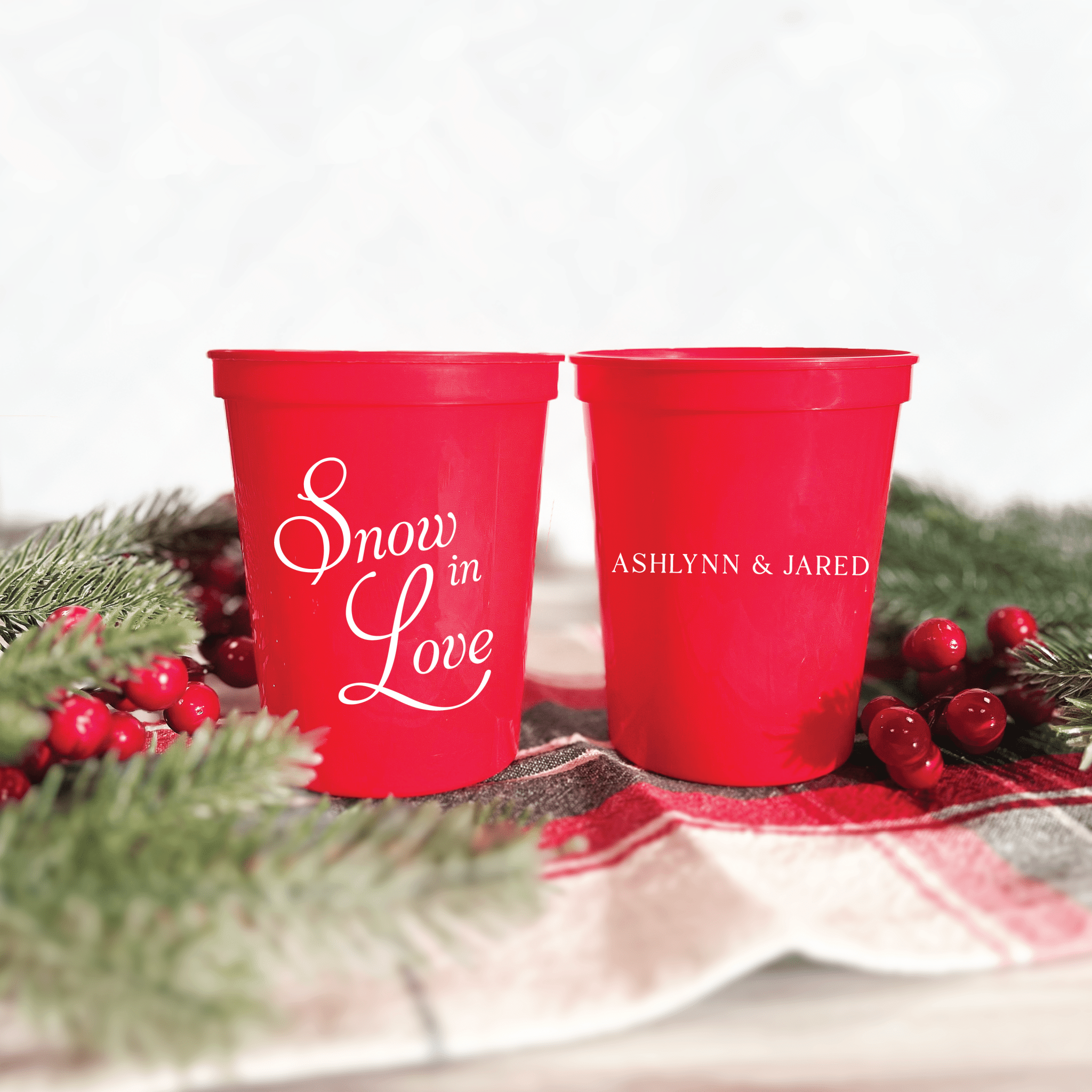 Snow In Love personalized wedding stadium cups with gold script
