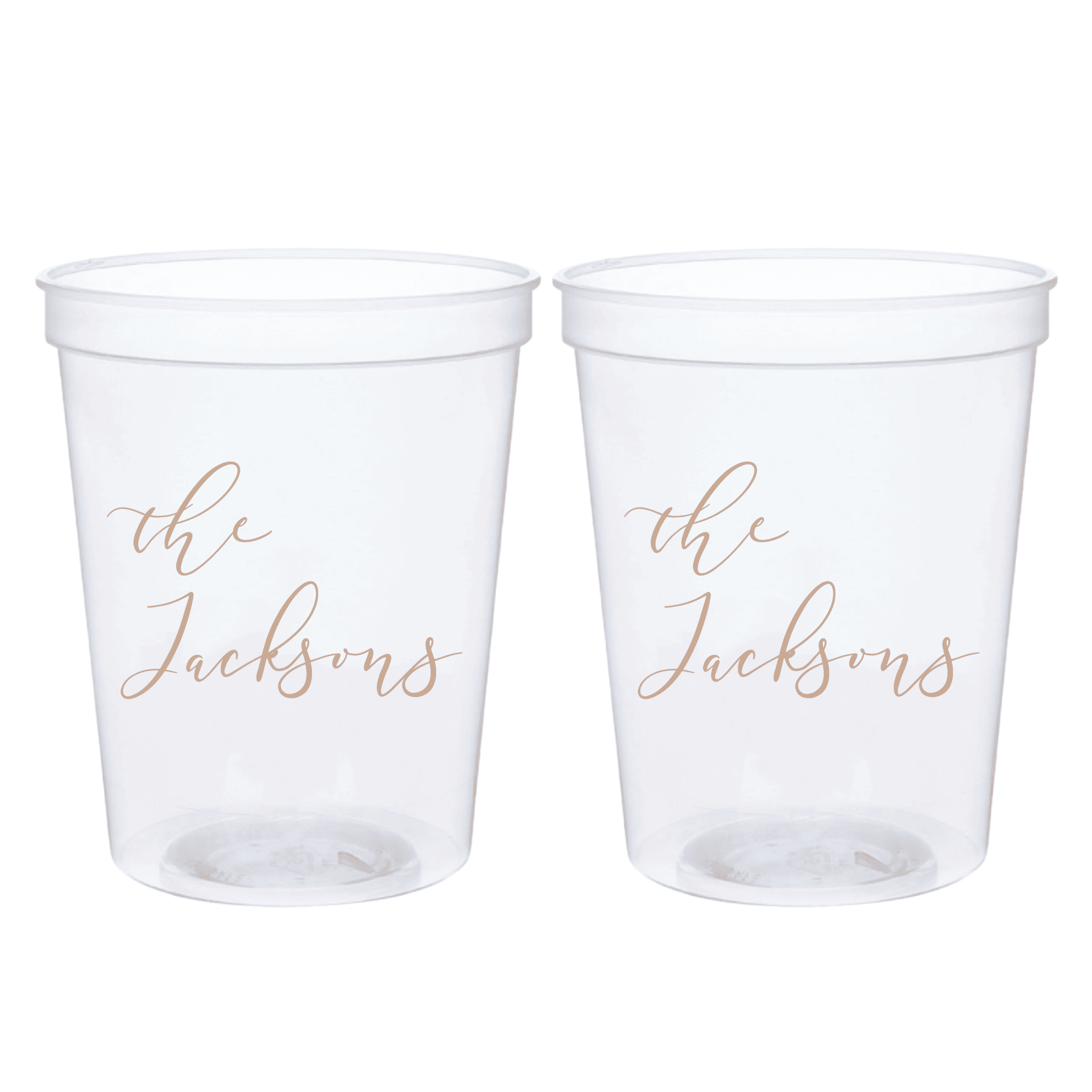 Two clear plastic stadium cups with rose gold script text reading "the jacksons"