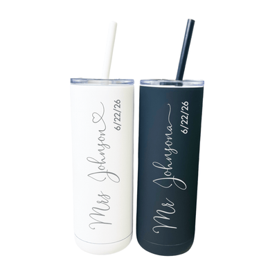 Personalized Last Name Bride and Groom Skinny Tumbler Set