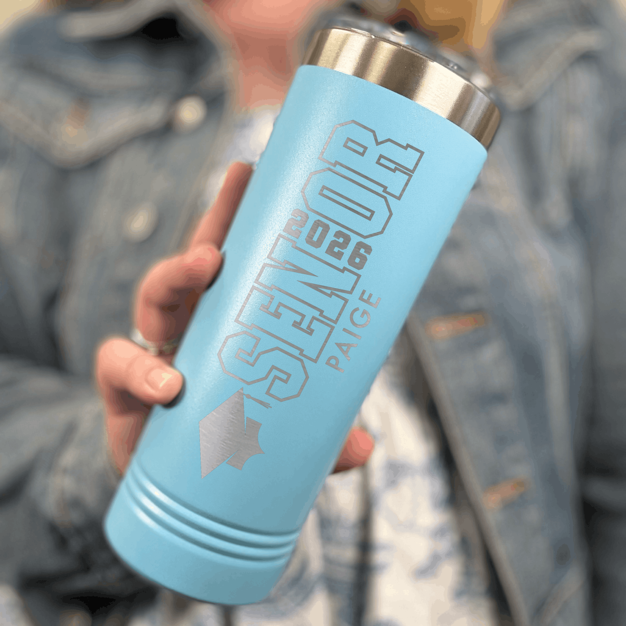 Light blue skinny tumbler with personalized senior graduation text and class year design