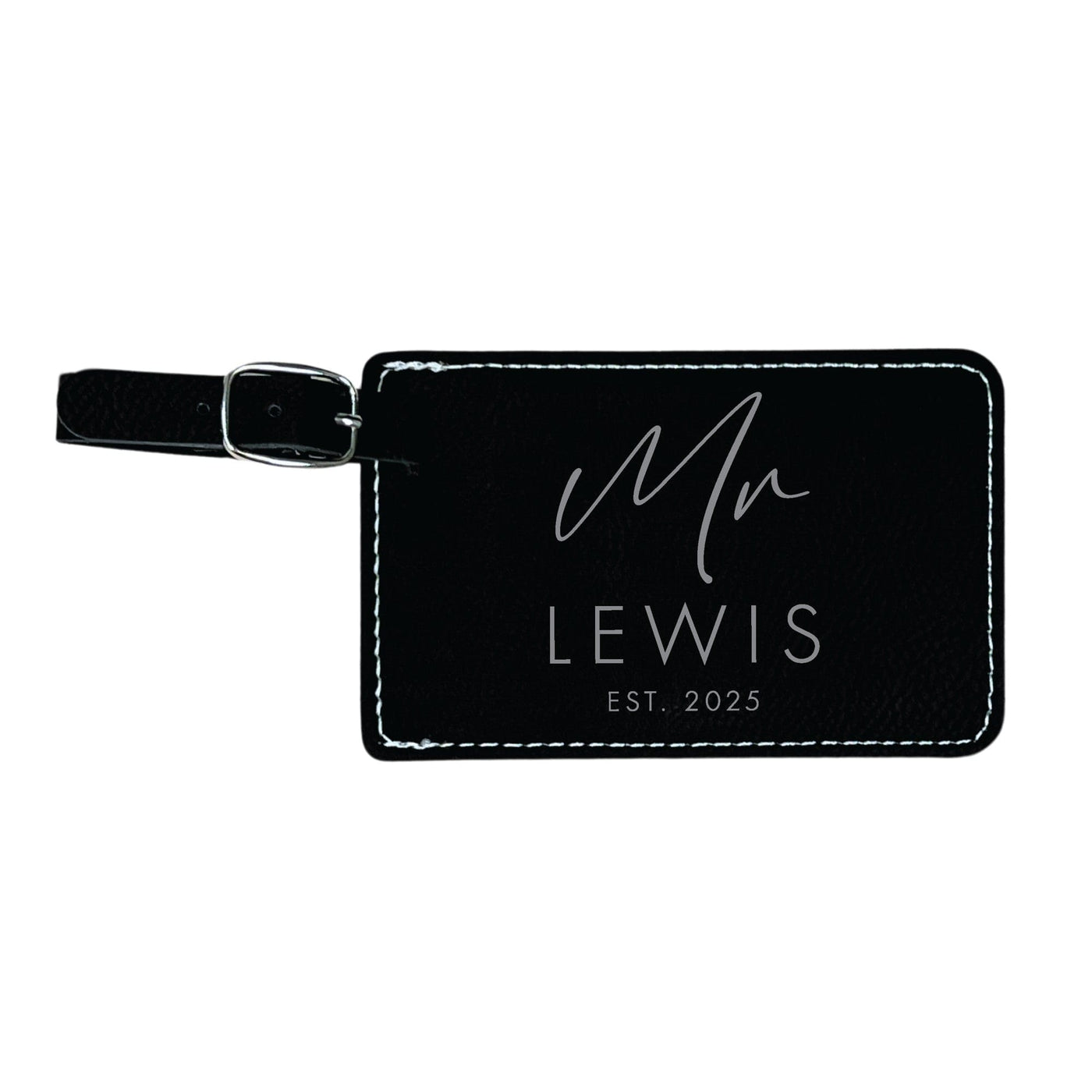 A black faux leather luggage tag with contrasting white stitching and a silver metal buckle, designed for travel or as a wedding and event favor.