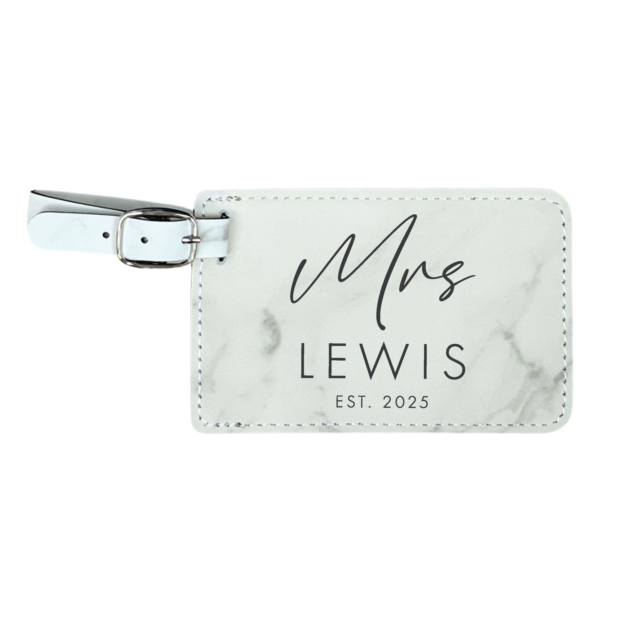 A white faux leather luggage tag featuring a subtle gray marble pattern, white stitching, and a matching strap with a silver buckle, suitable for a wedding or honeymoon travel.
