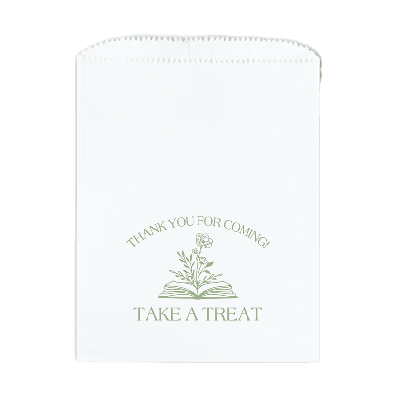 Baby shower treat bag with foil-stamped floral book design and thank you message