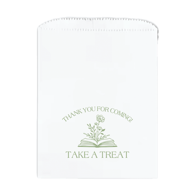 Baby shower treat bag with foil-stamped floral book design and thank you message