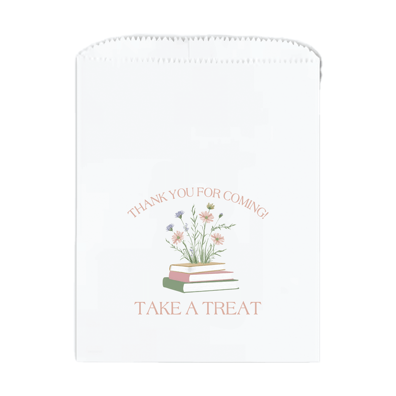 White paper treat bag with "Thank You For Coming" text, wildflower and books illustration, and "Take A Treat" message in pink lettering.