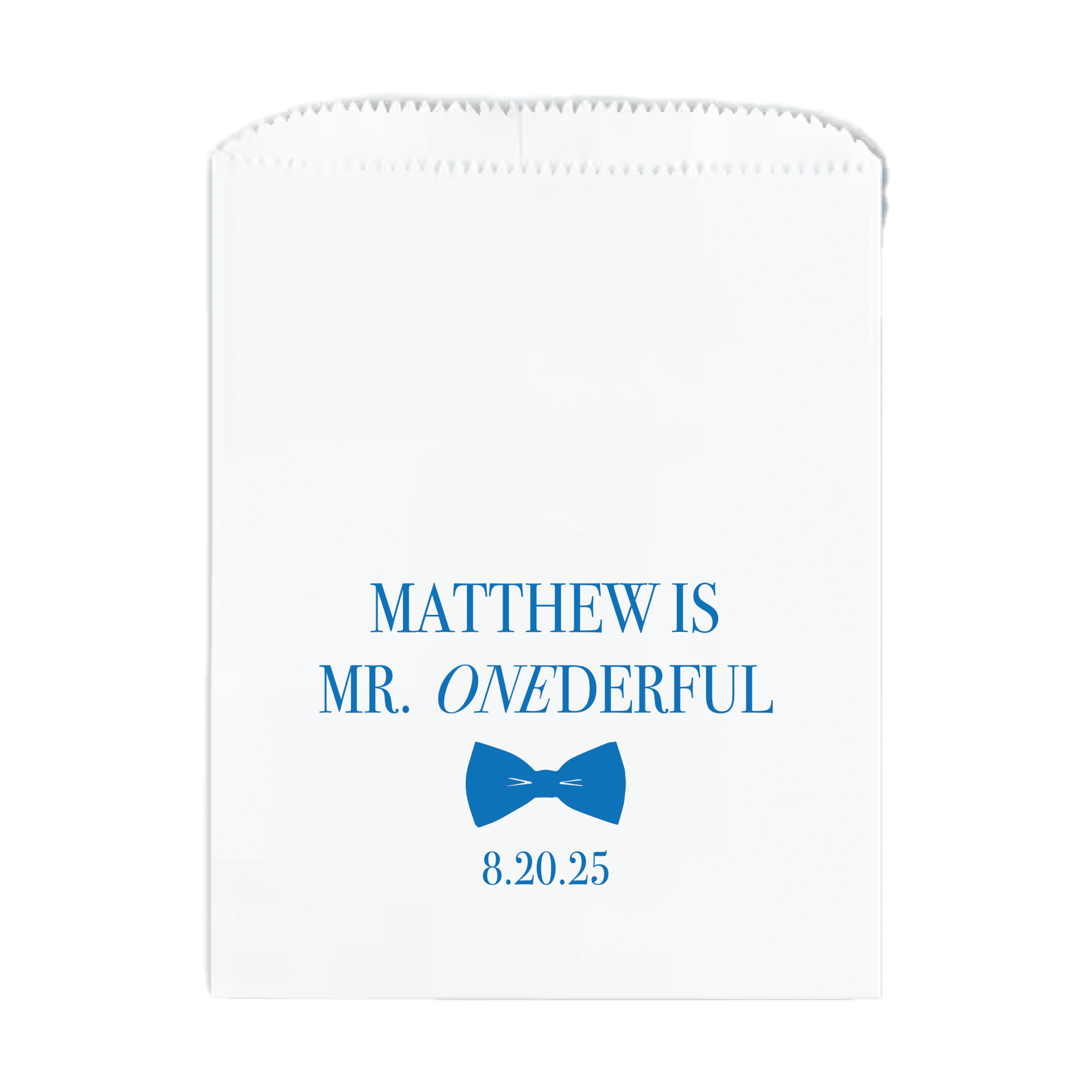 White treat bag with blue text reading "Matthew is Mr. Onderful" and a blue bow tie icon with date 8.20.25
