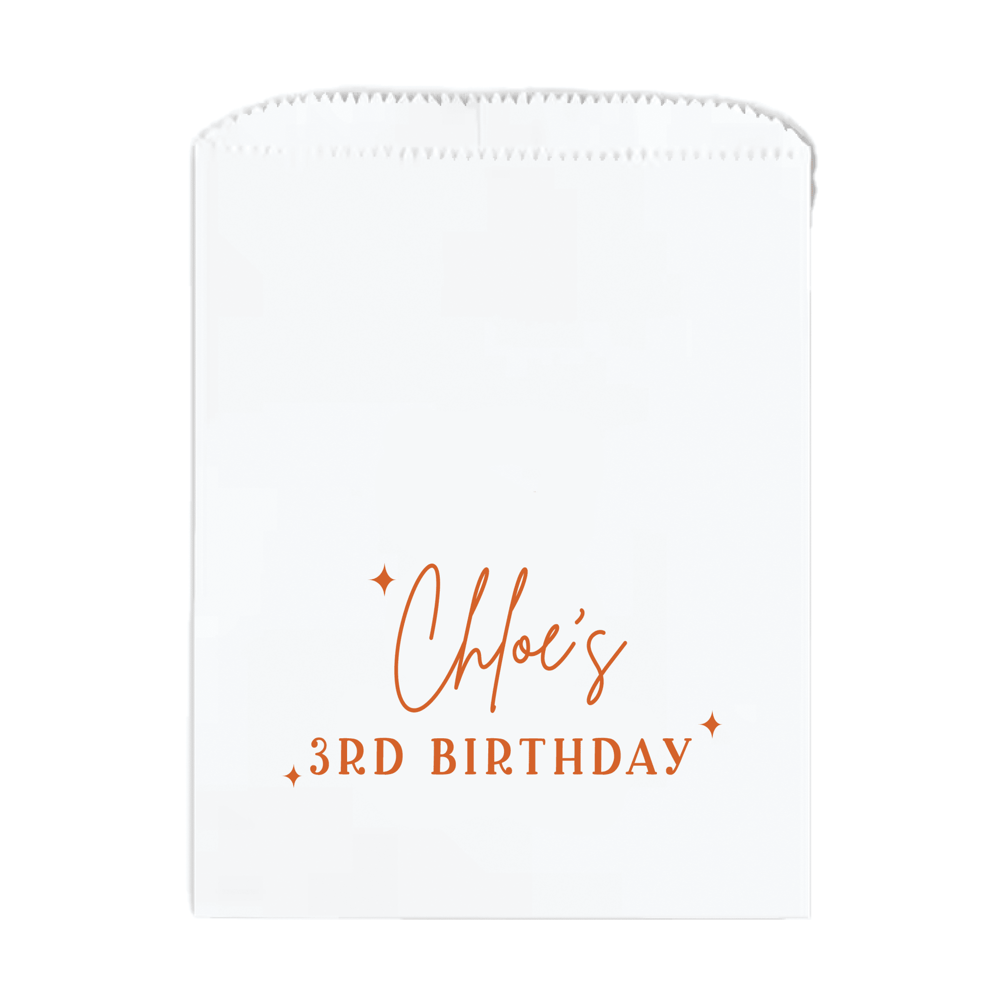 White treat bag with orange script text reading "Chloe's 3rd Birthday" and decorative sparkle accents