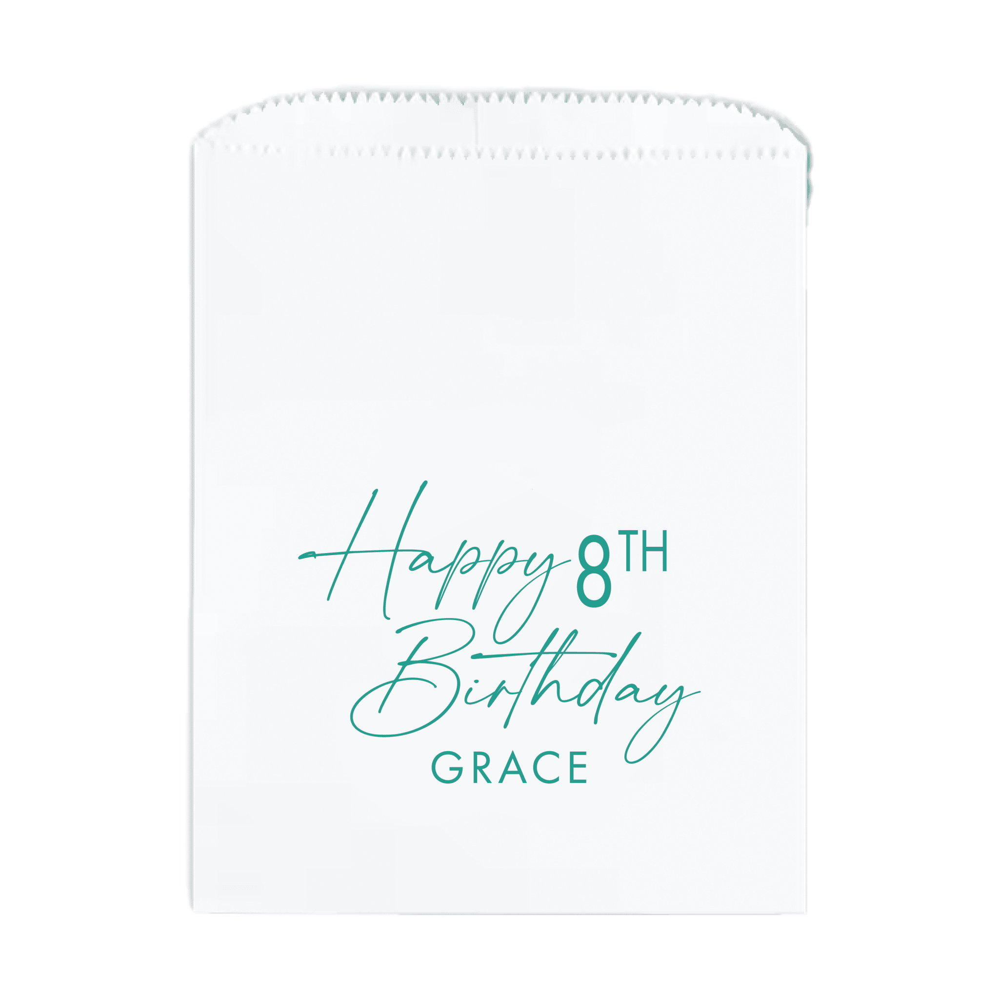 White treat bag with turquoise script text reading "Happy 8TH Birthday GRACE"