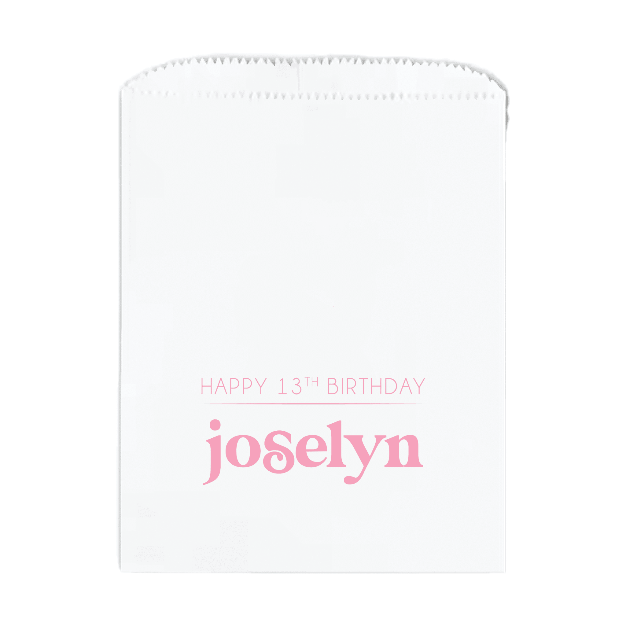 White treat bag with "Happy 13th Birthday Joselyn" in pink text