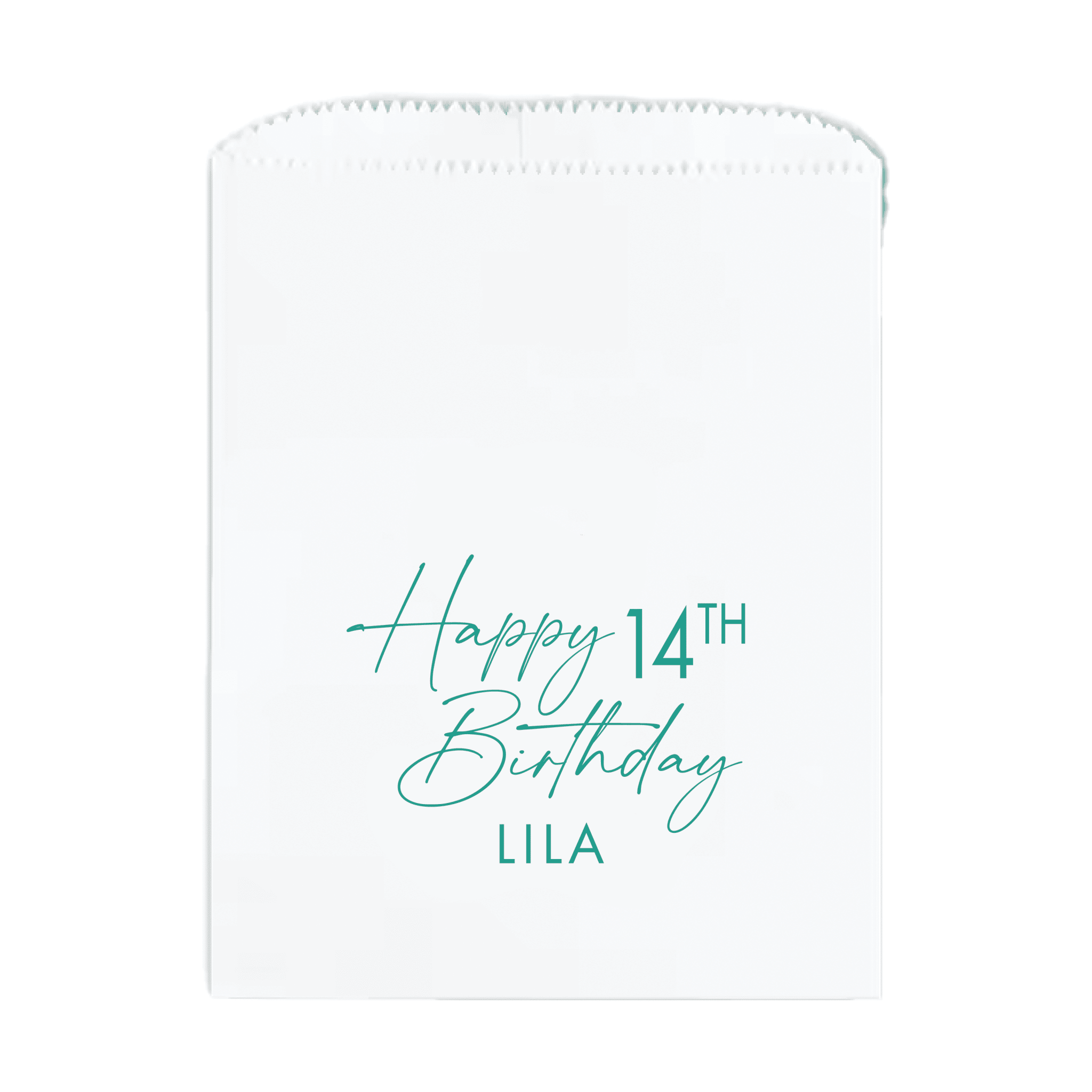 White treat bag with teal text reading "Happy 14TH Birthday LILA" in script and block lettering.