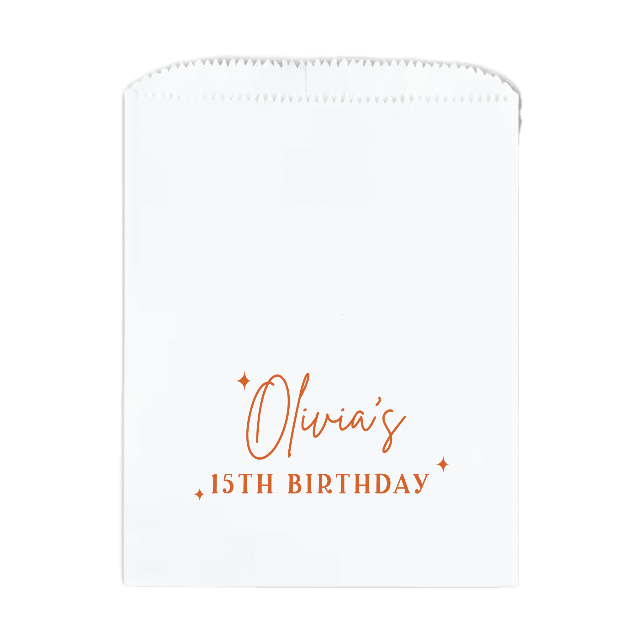 White paper treat bag with copper foil text reading "Olivia's 15th Birthday" and decorative stars