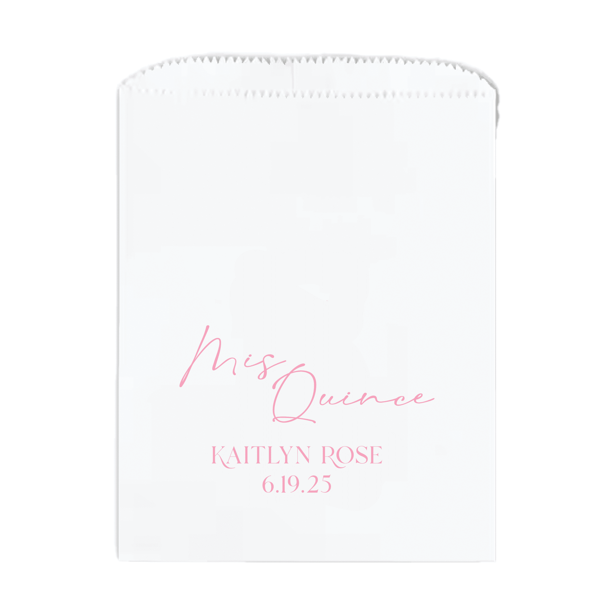 White paper treat bag with pink script text reading "Mis Quince," name, and date for quinceañera party favor.