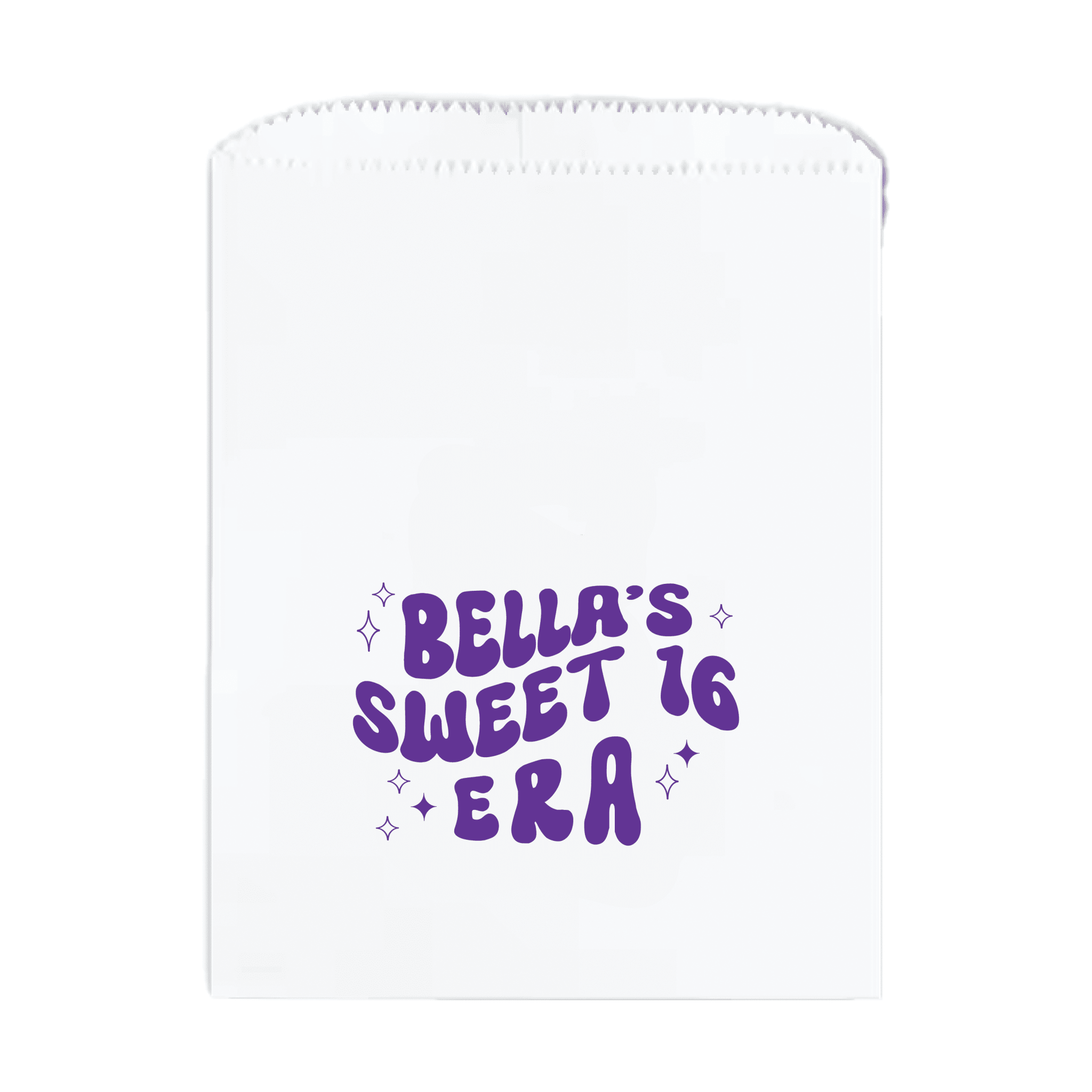 White paper treat bag with purple text reading "Bella's Sweet 16 Era" and decorative sparkle designs around the text.