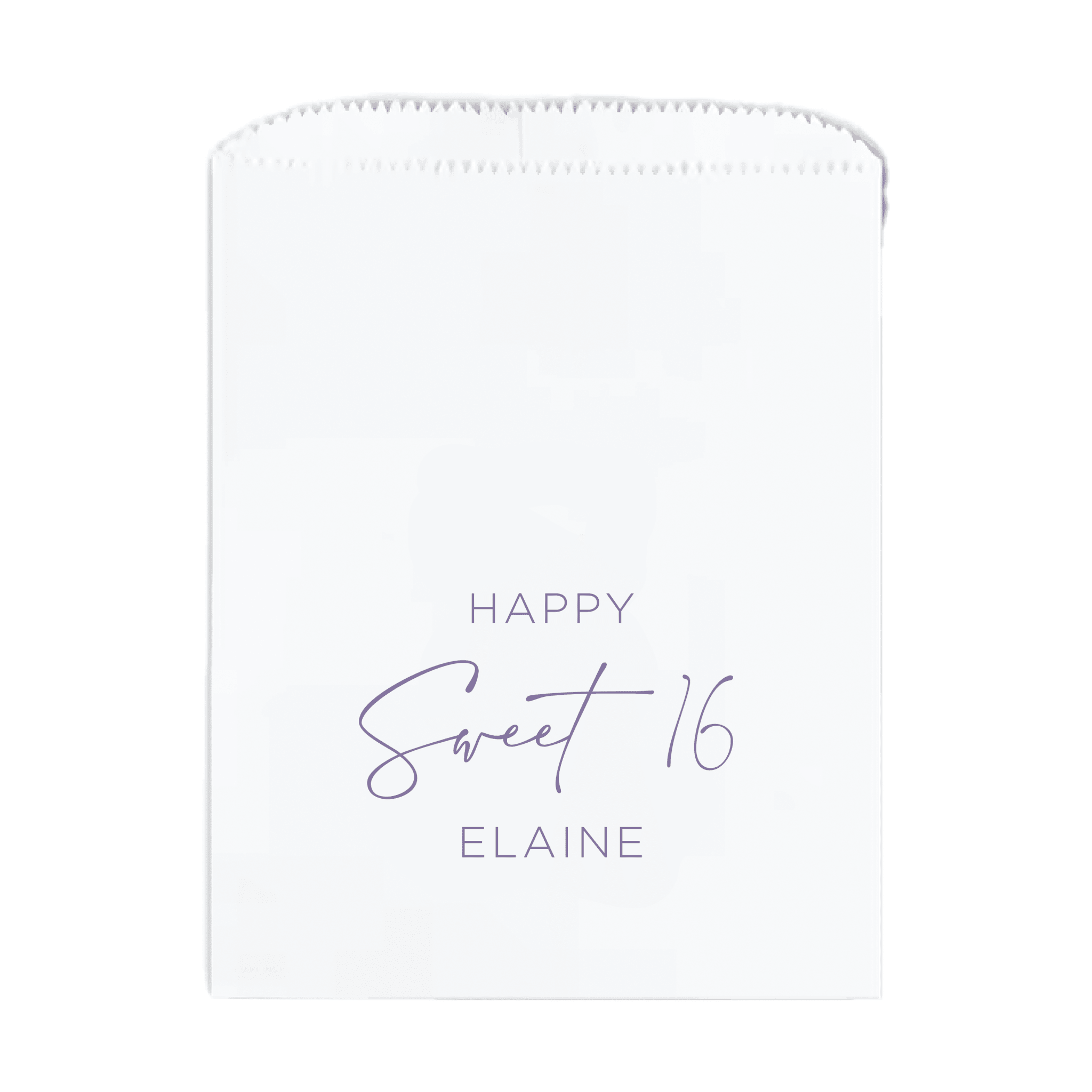 White treat bag with "Happy Sweet 16" and personalized name "Elaine" printed in gray text
