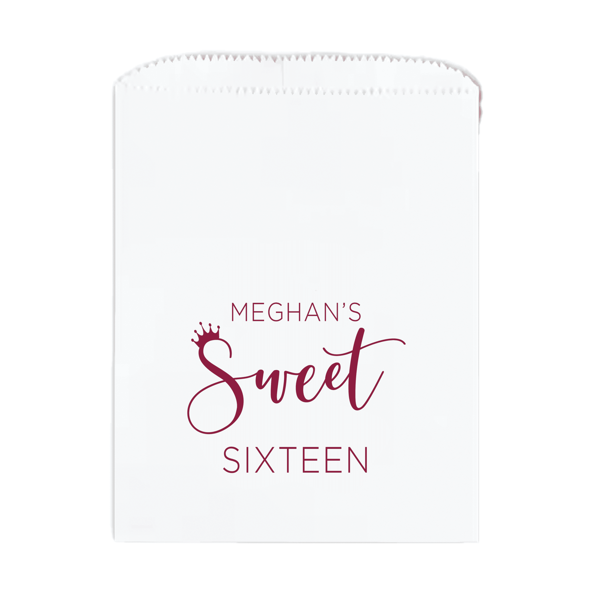 White treat bag with burgundy text reading "Meghan's Sweet Sixteen" personalized favor bag