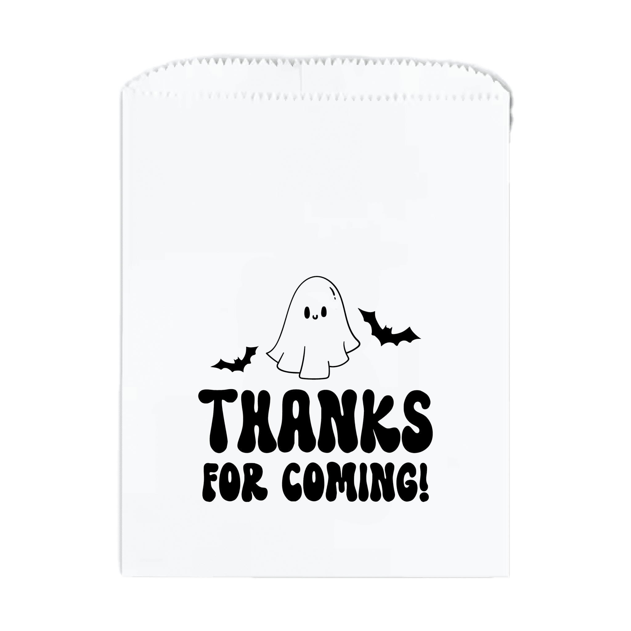 White paper treat bag with cute ghost and bat design printed in black with "Thanks for Coming" text
