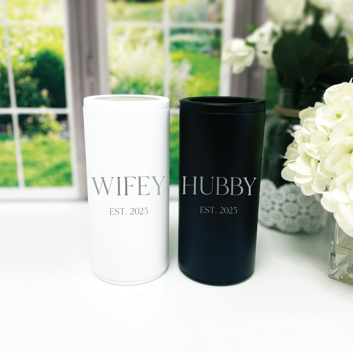Hubby and Wifey Can Cooler Gift Set - Laser Engraved - Can Cooler